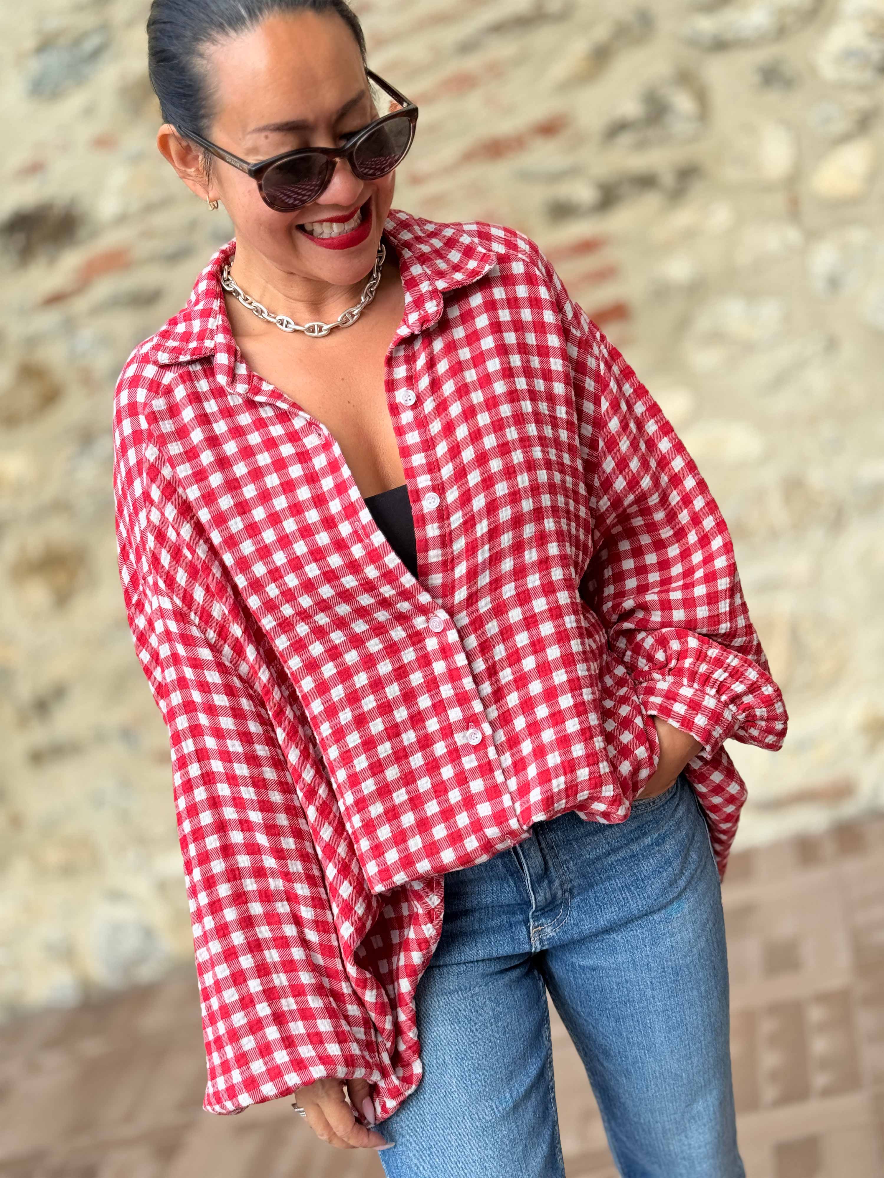 Musselin Long Oversize Bluse - Must Have - KARO Rot