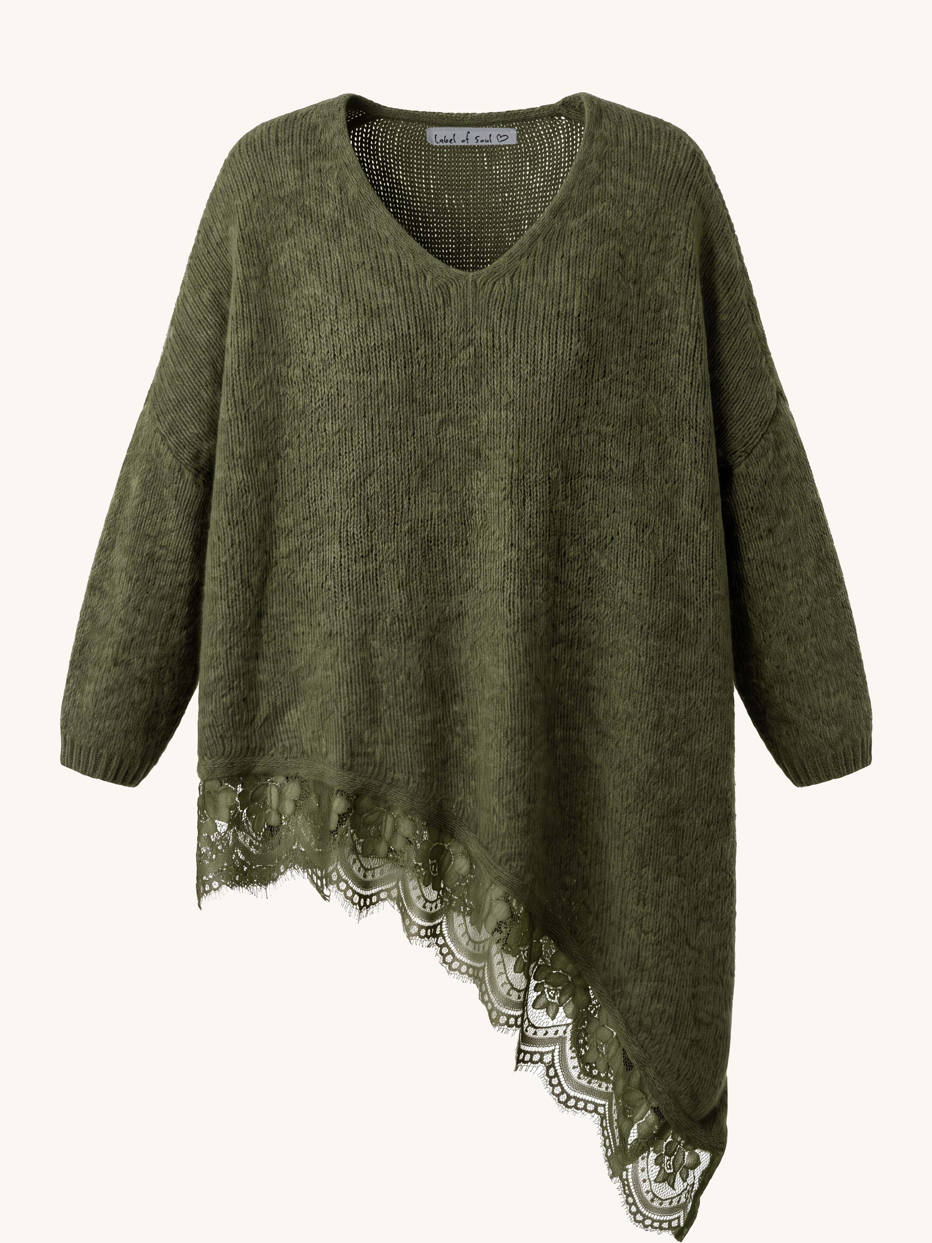 Oversize Strickpullover mit Spitzensaum - FLAUSCHI - Olive