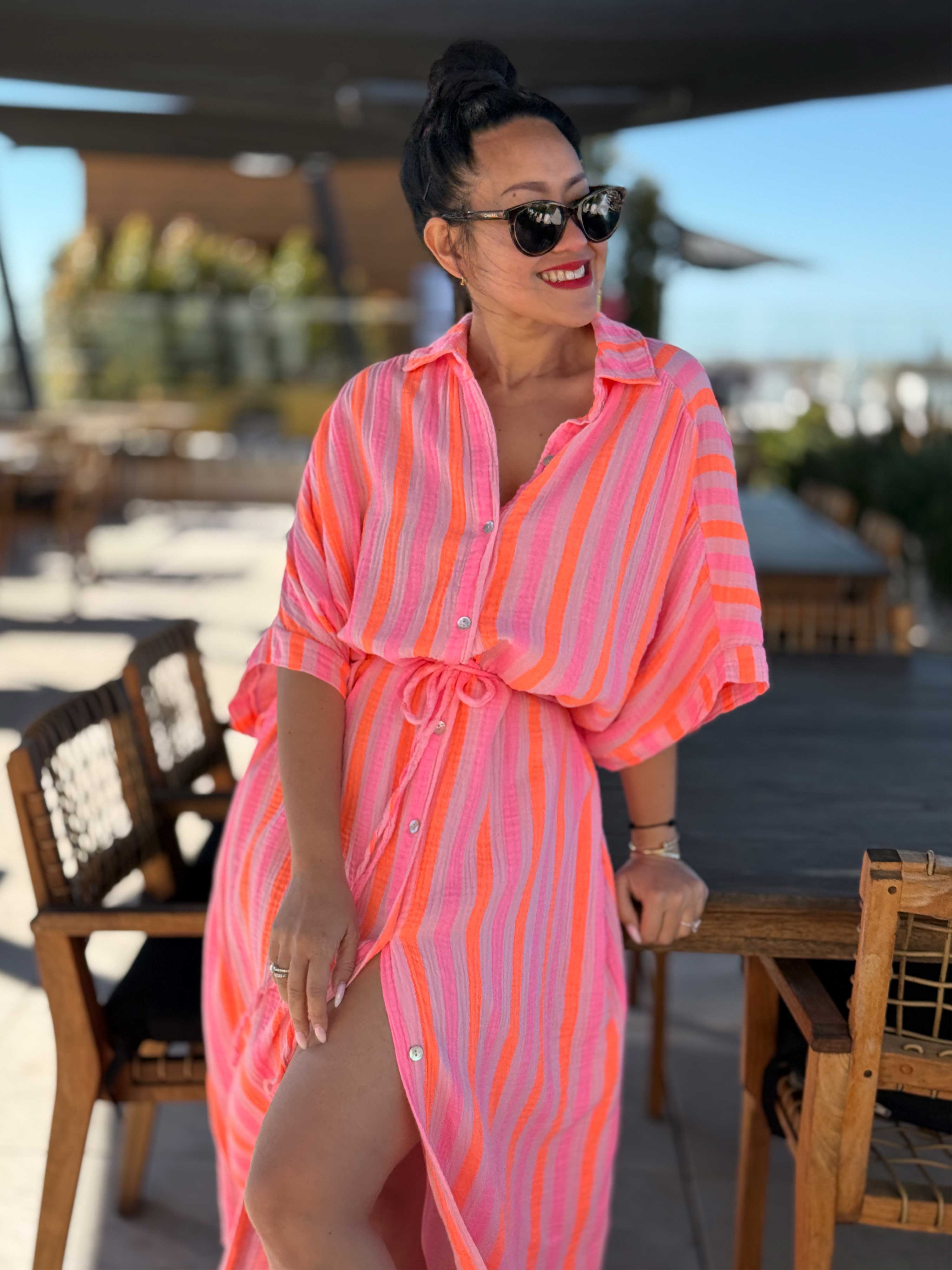 Musselin Oversize Kurzarm Blusenkleid - CAPRI - STRIPES Sugar