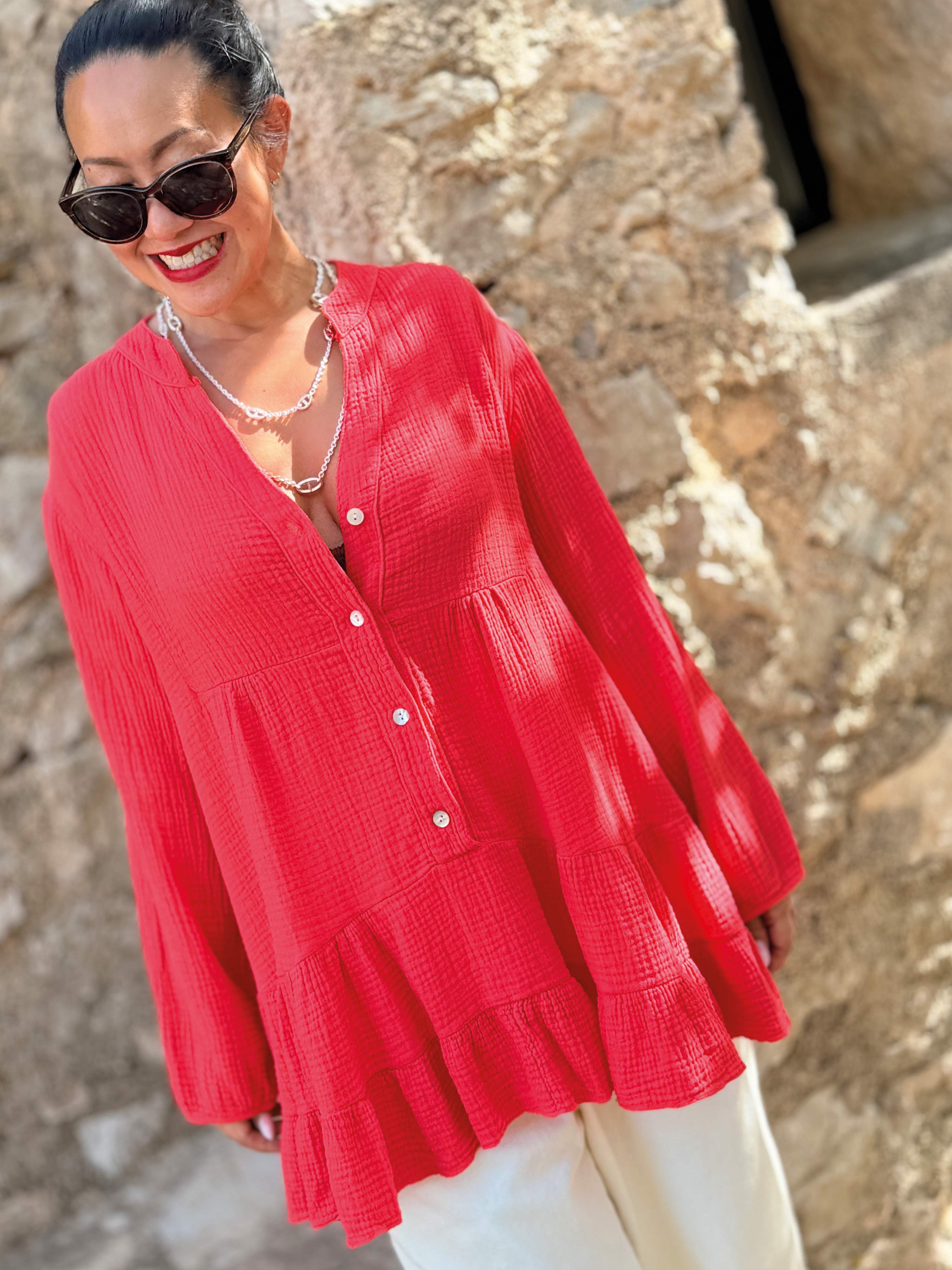 Musselin Oversize Bluse - FAVE - Watermelon