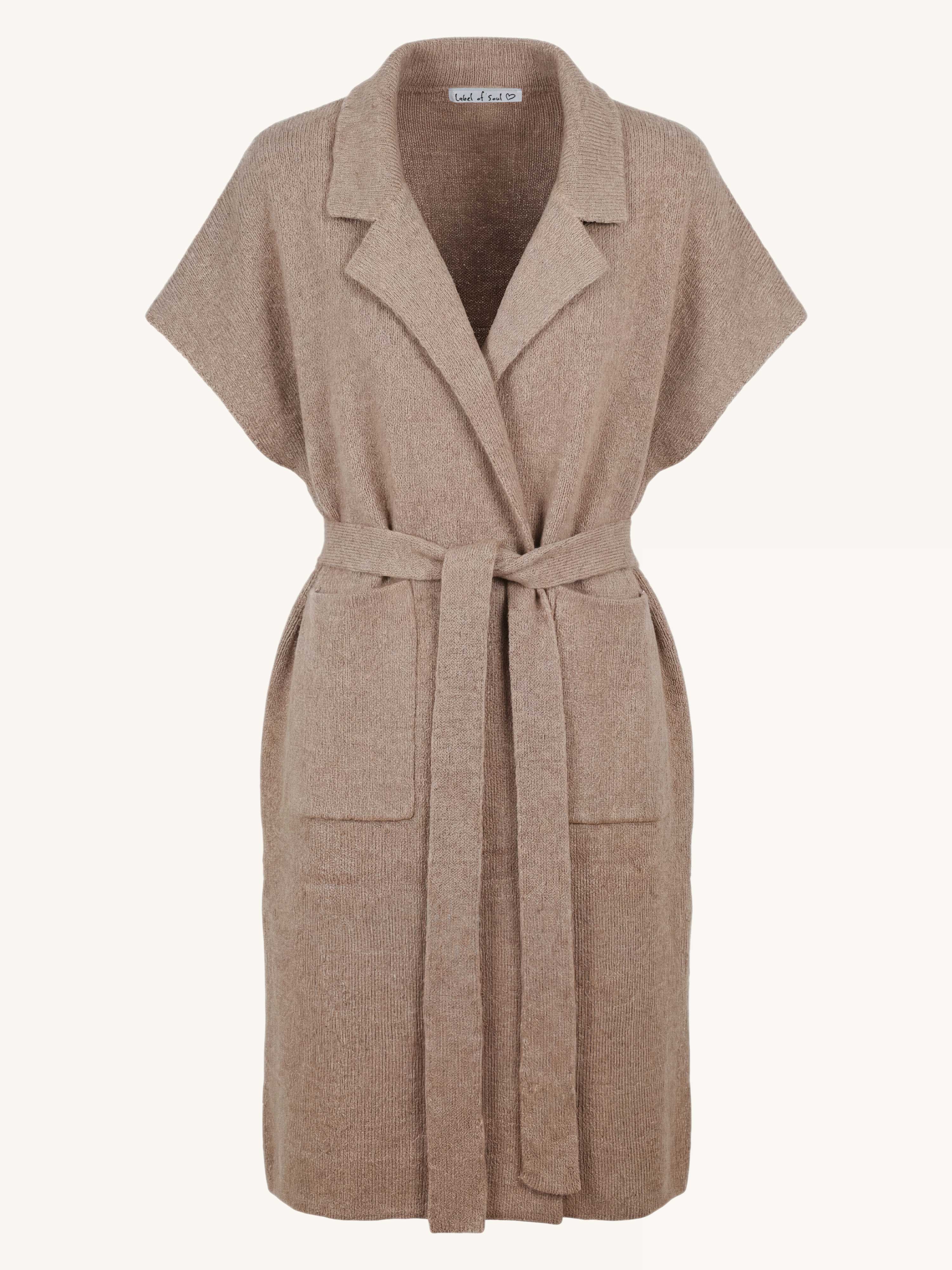 Ärmelloser Oversize Strickmantel mit Gürtel - Taupe