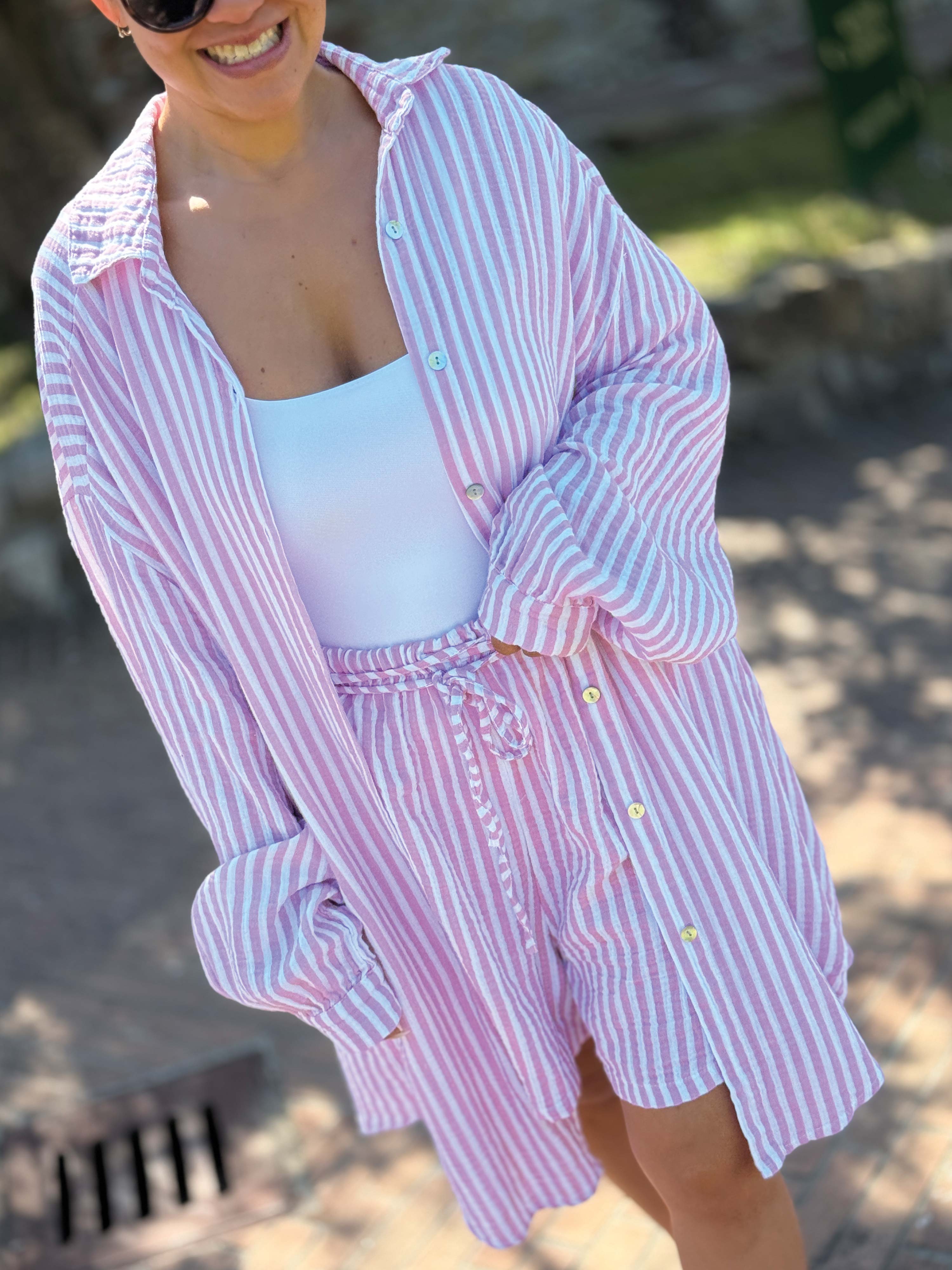 Musselin Long Oversize Bluse - SUMMER BREEZE - Stripes Rosa