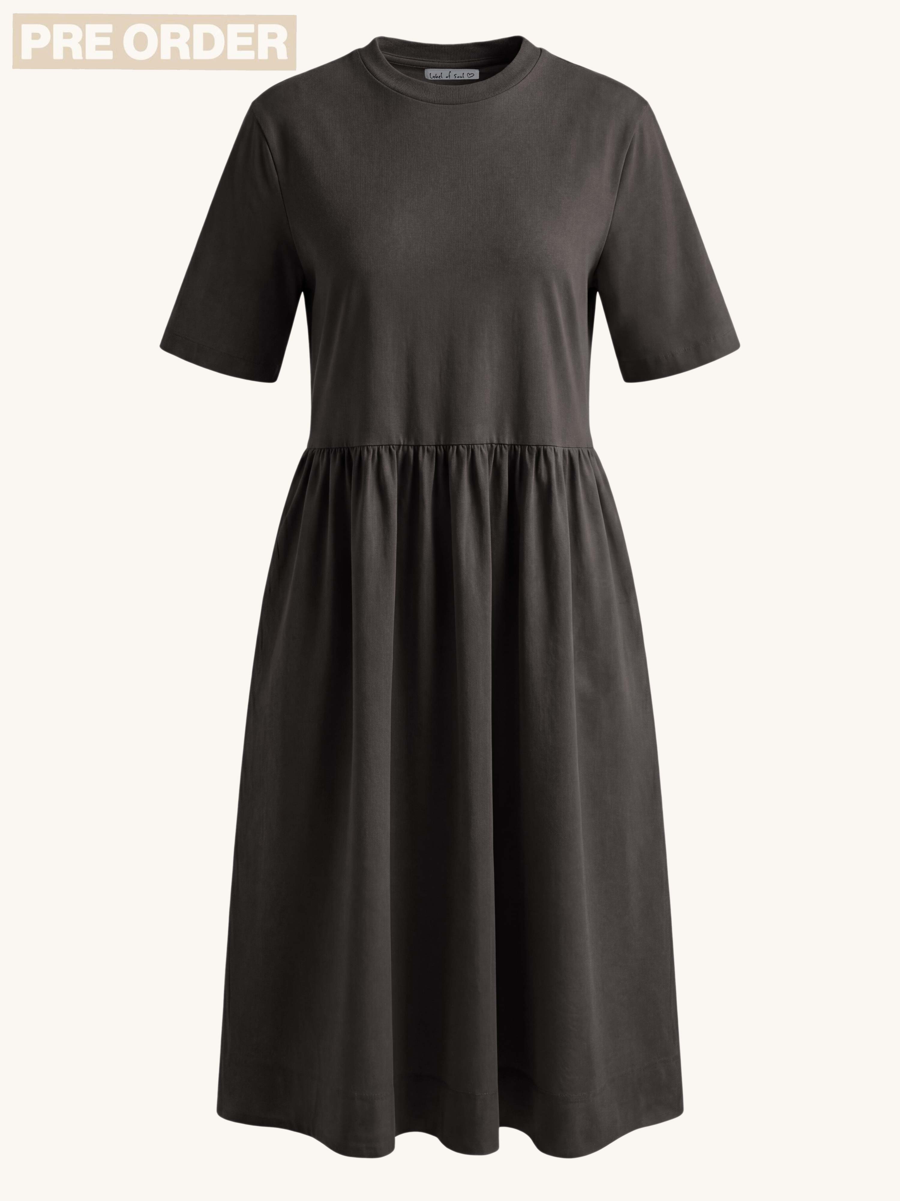 PRE-ORDER: Kurzarm Cotton Kleid mit Seitentaschen - Schoko