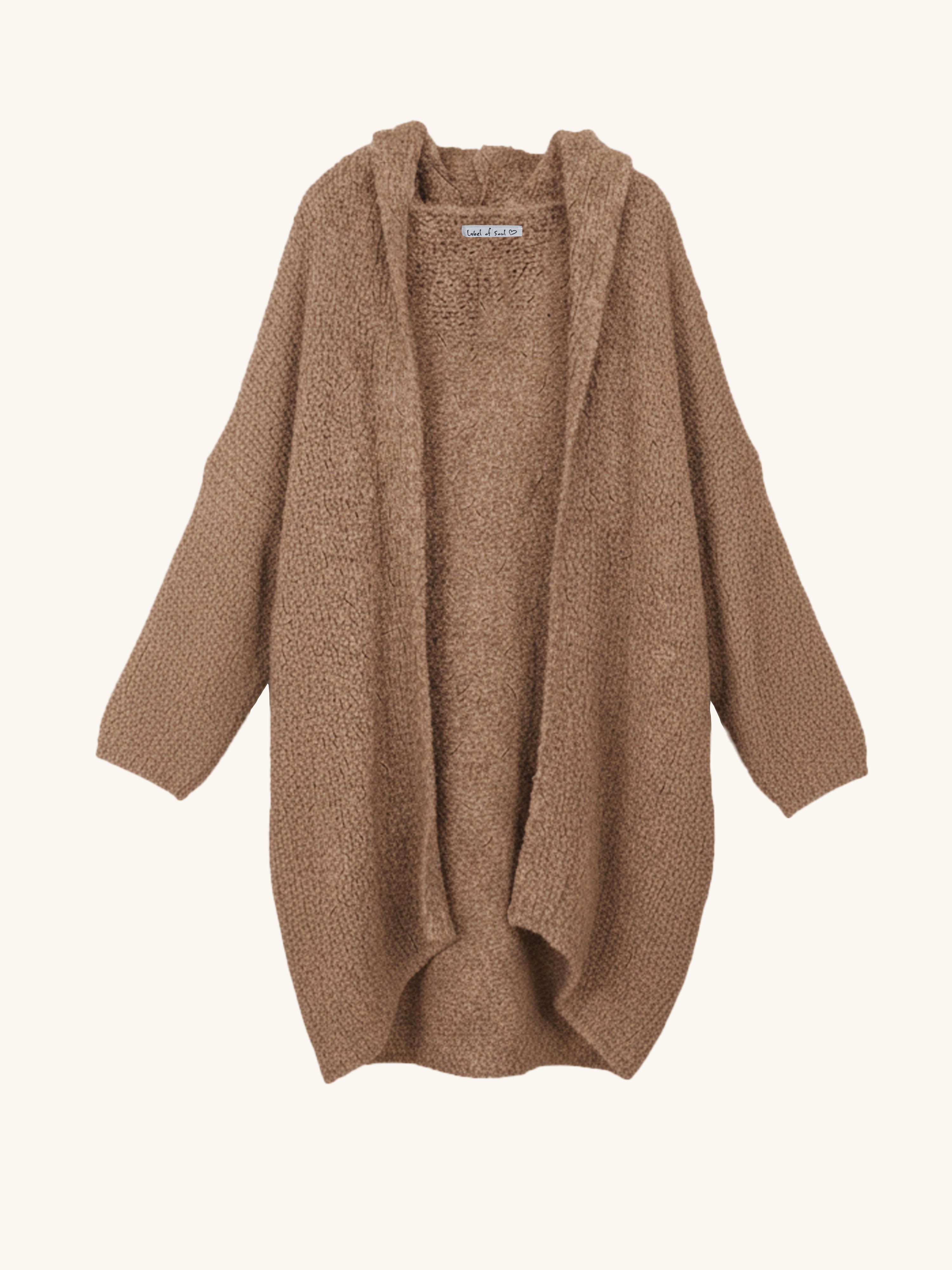 PREMIUM Bouclé Strickjacke mit Kapuze - Camel