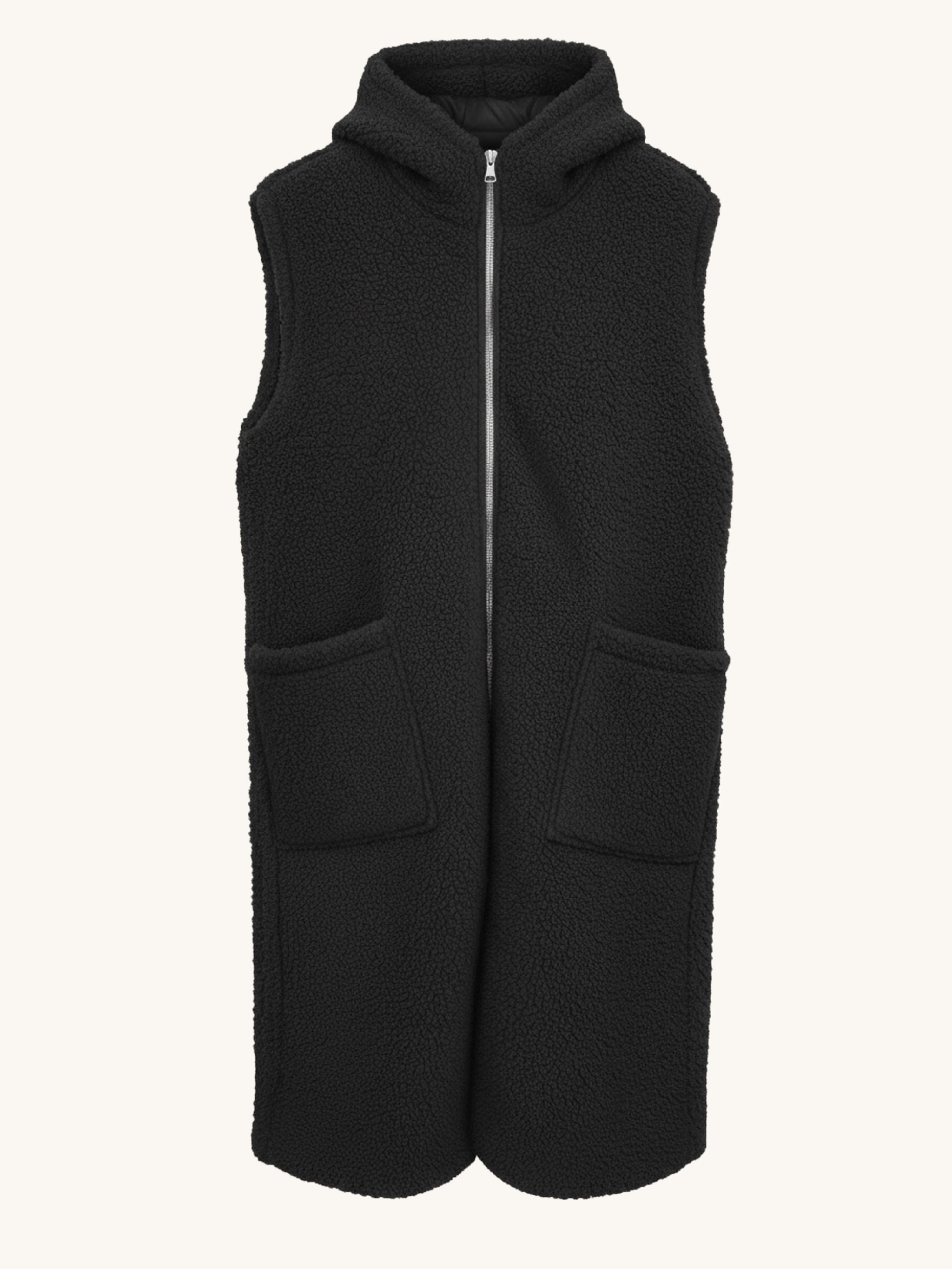 Teddylook Long Weste mit Kapuze - Schwarz