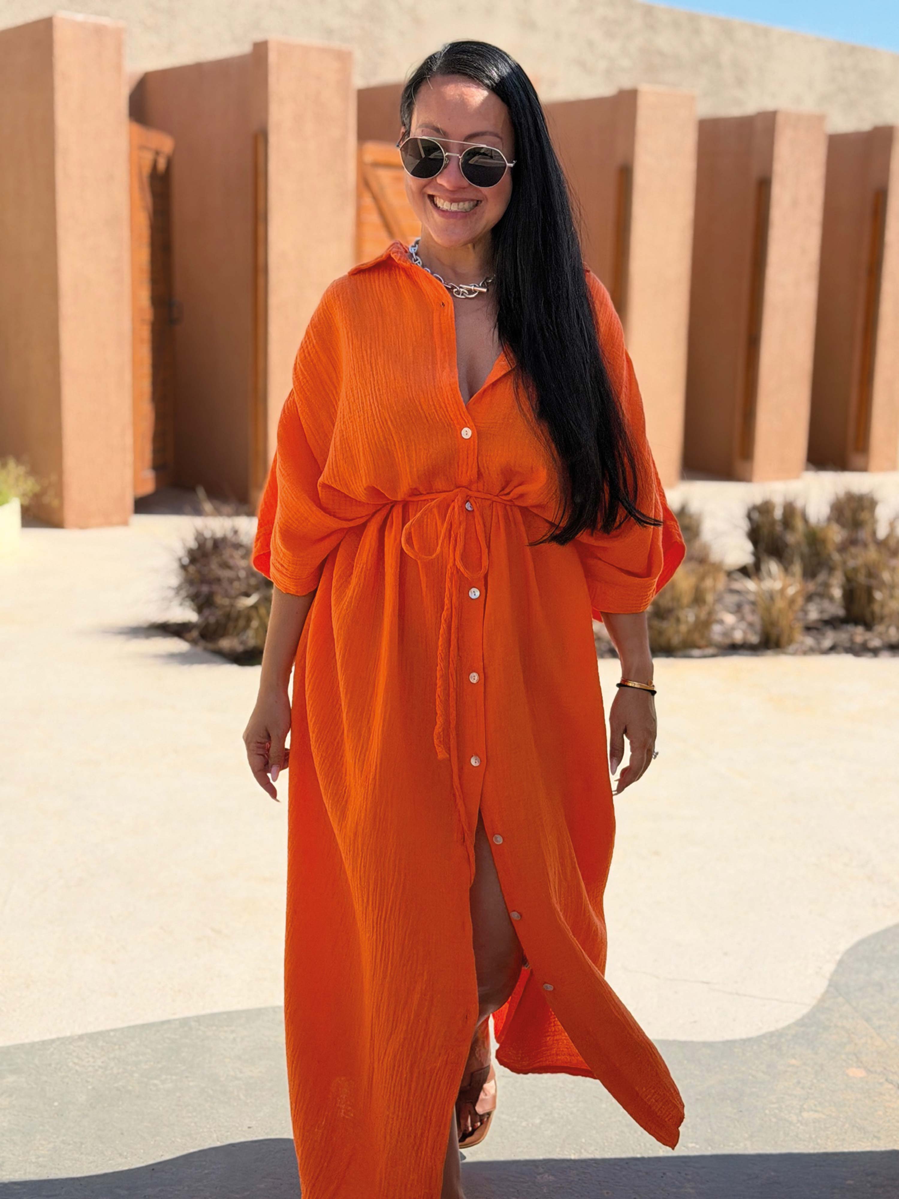 Musselin Oversize Kurzarm Blusenkleid - CAPRI - Sunset Orange