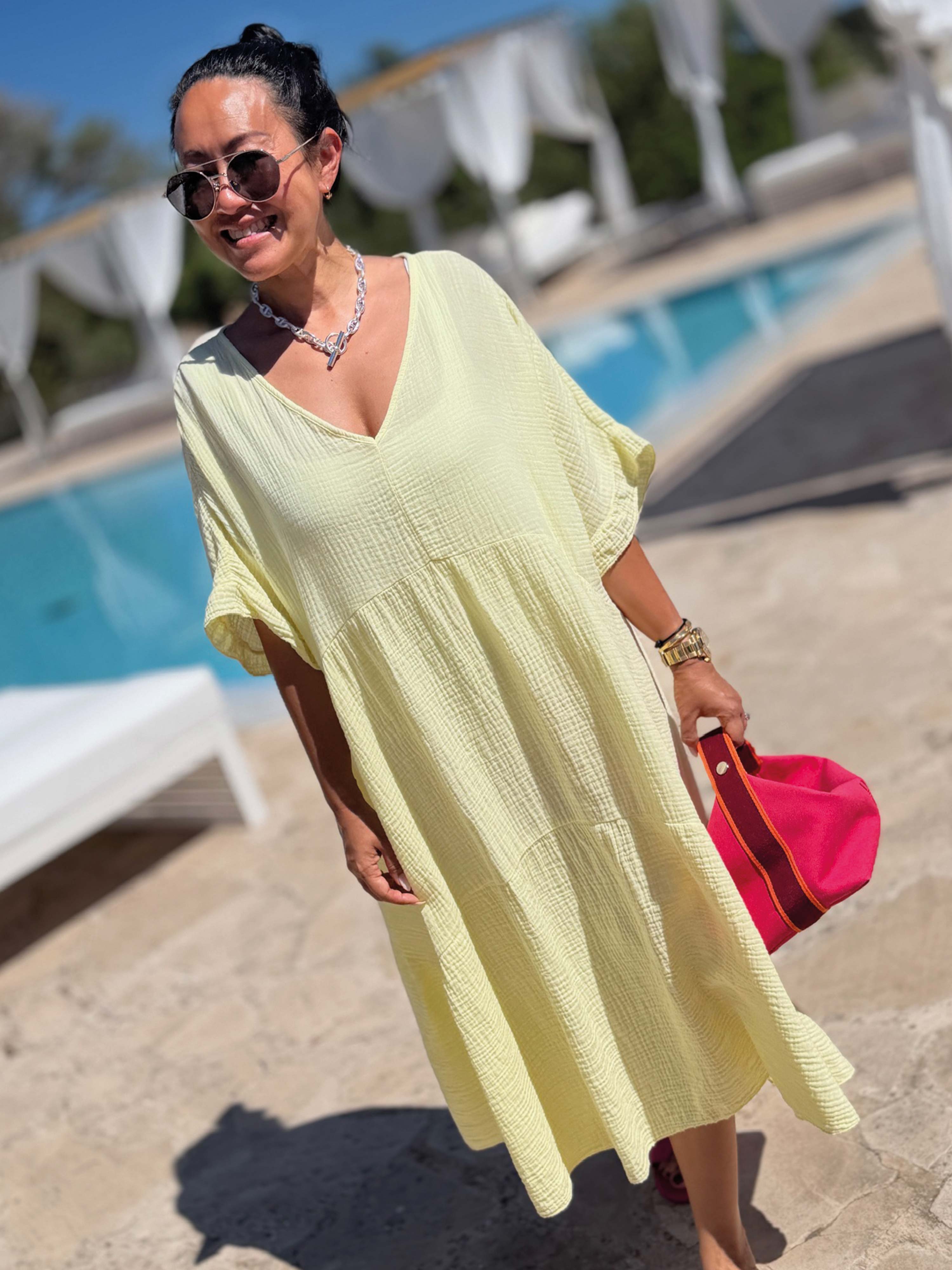 Musselin Tunika Long mit V-Ausschnitt - Butter Yellow