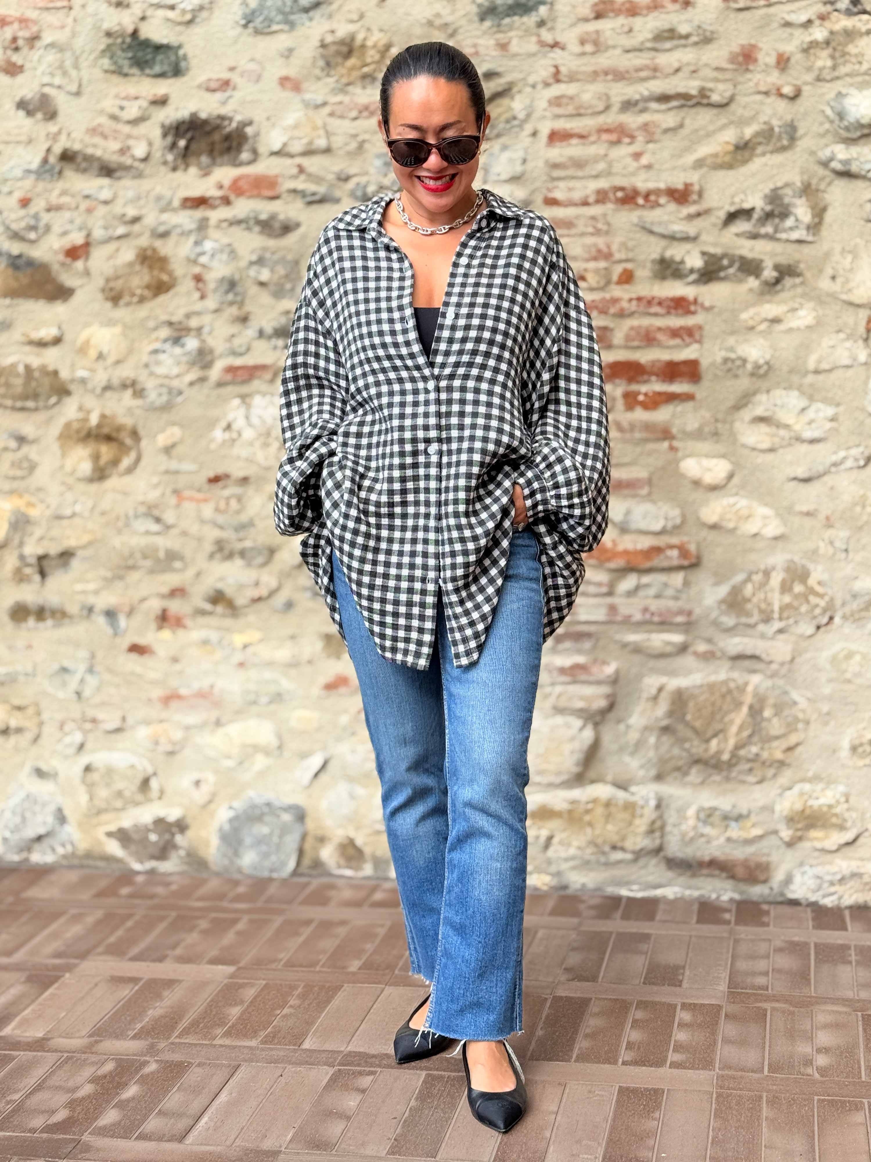 Musselin Midi Oversize Bluse - KARO Schwarz