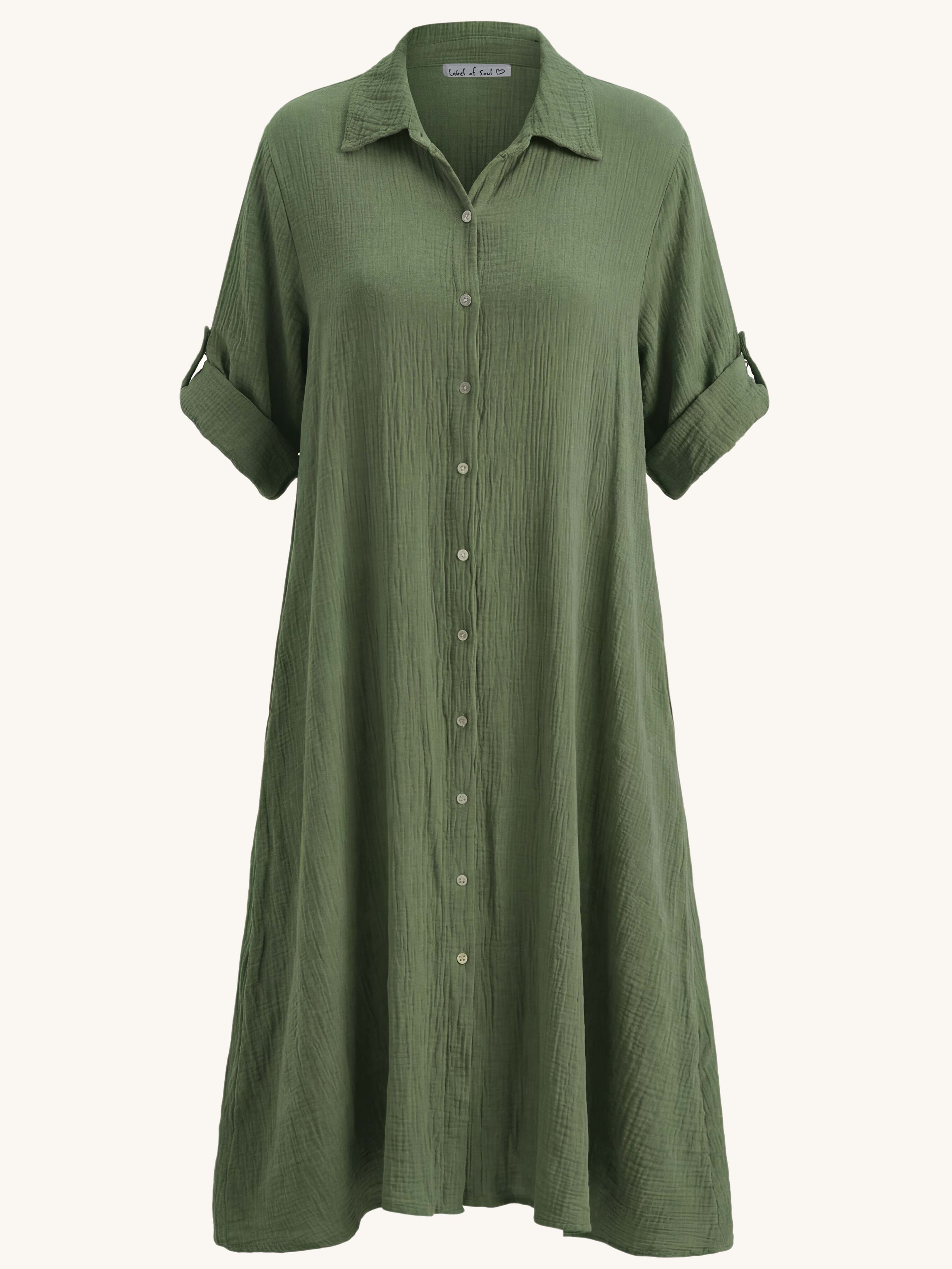 Musselin Oversize Kurzarm Blusenkleid mit A-Linie - Olive