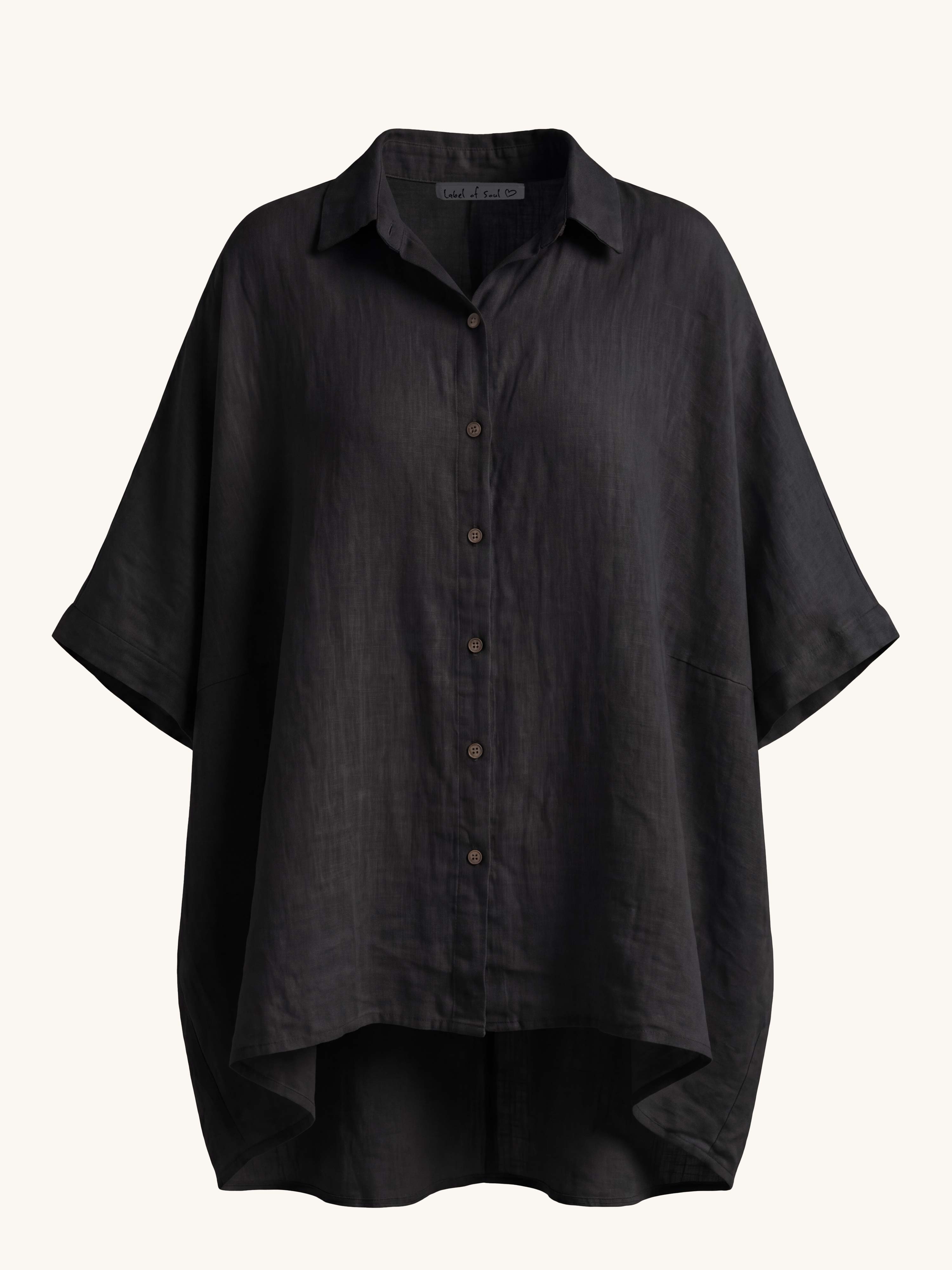 Leinen Oversize Vokuhila Kurzarm Bluse - Schwarz