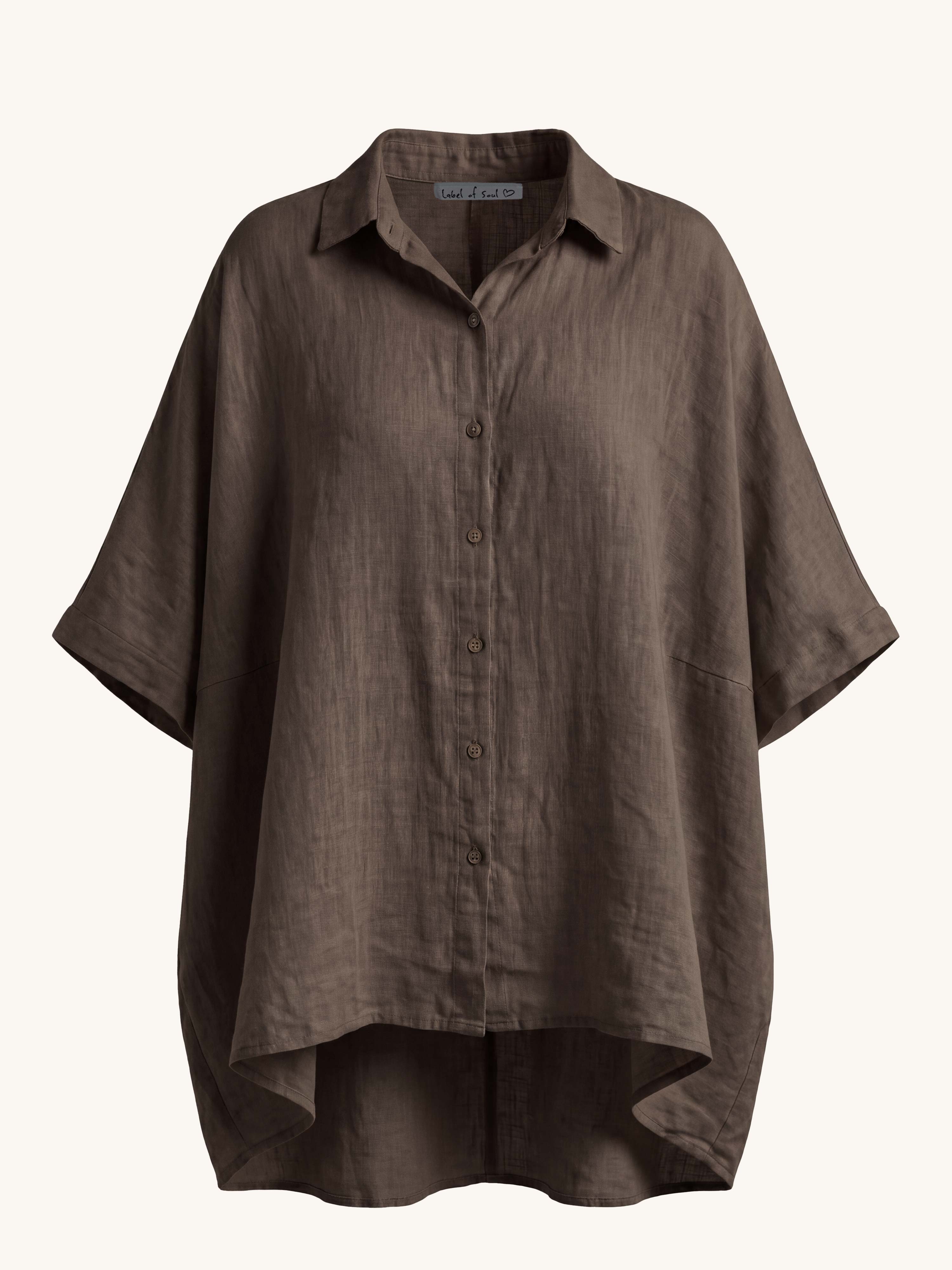 Leinen Oversize Vokuhila Kurzarm Bluse - Schoko
