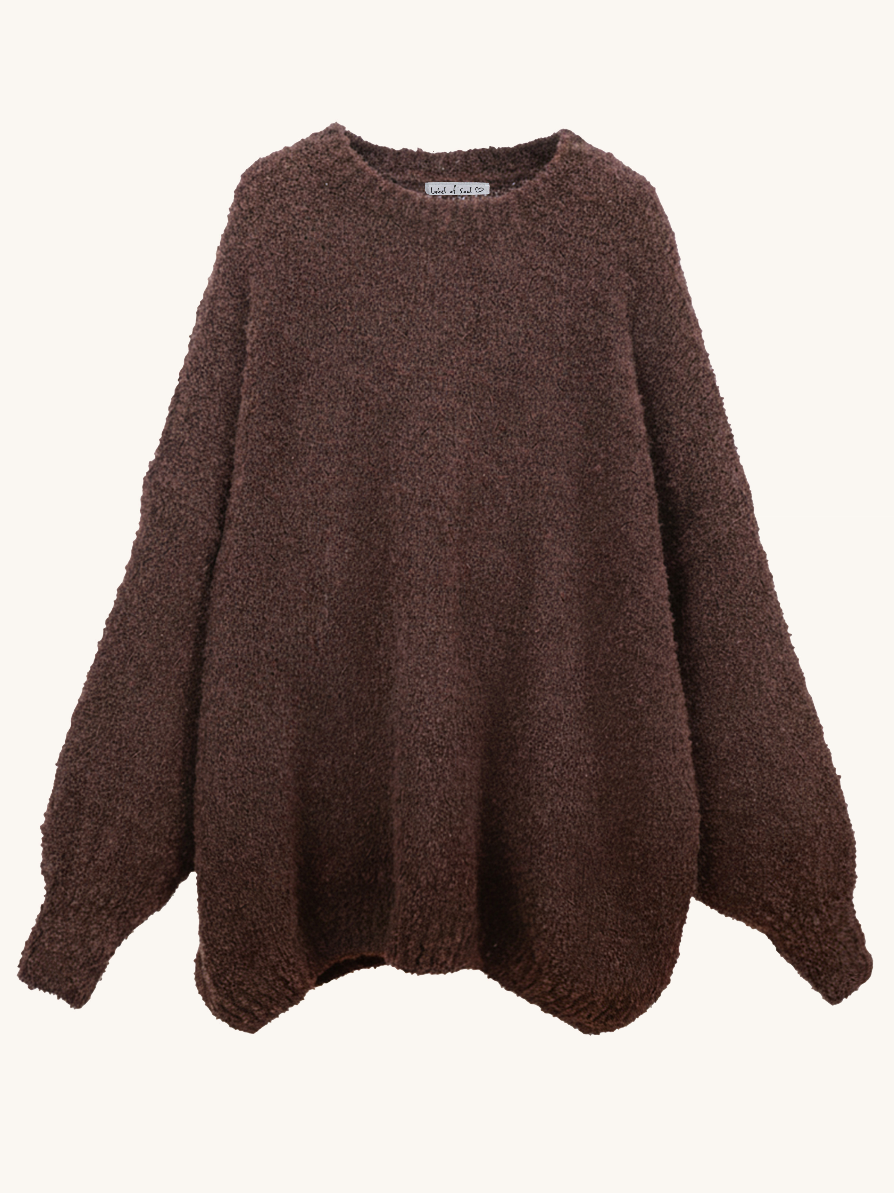 Oversize Bouclé Strickpullover mit Rundhalsausschnitt - Schoko