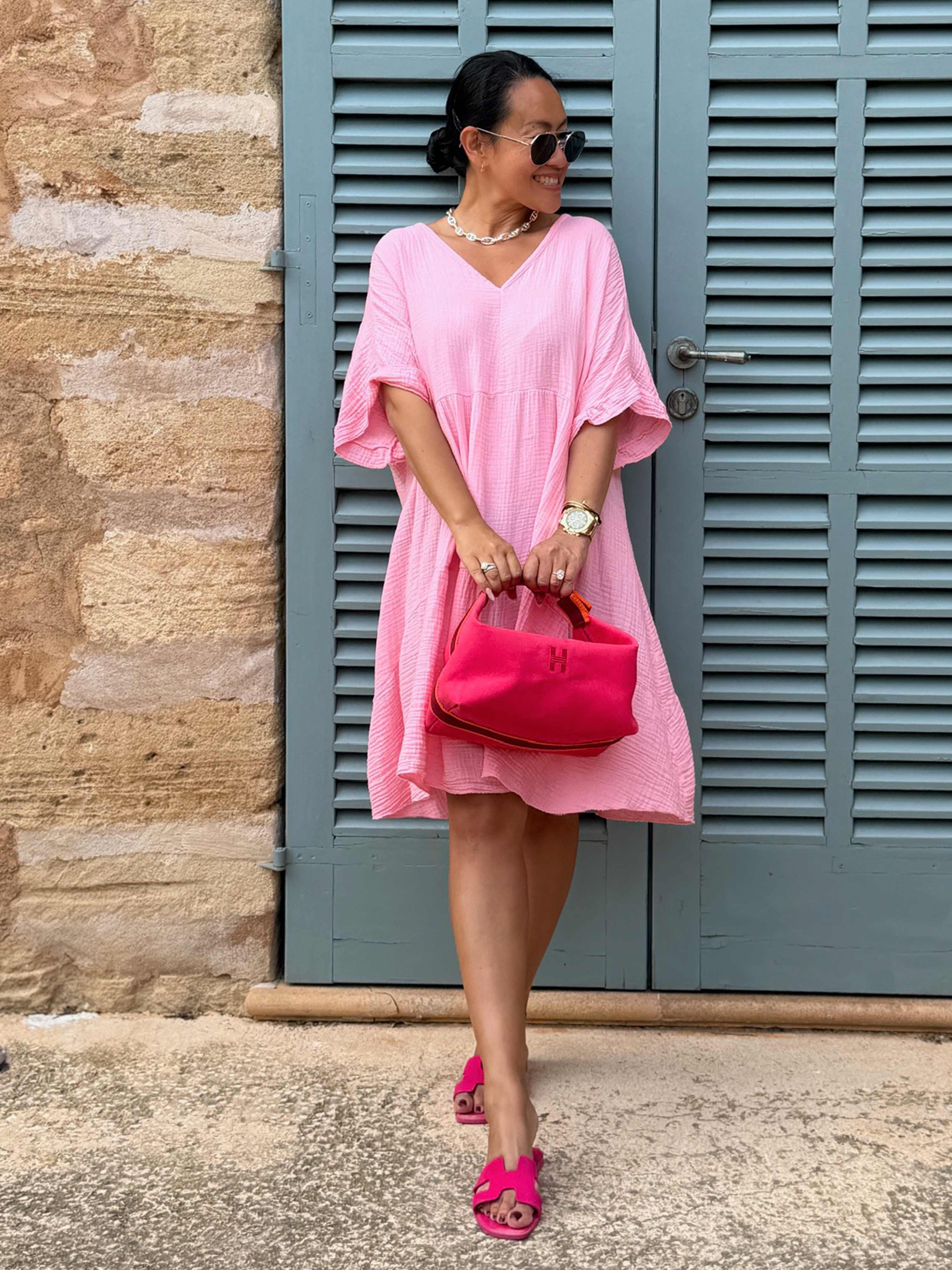 Musselin Tunika Midi mit V-Ausschnitt - Babyrosa