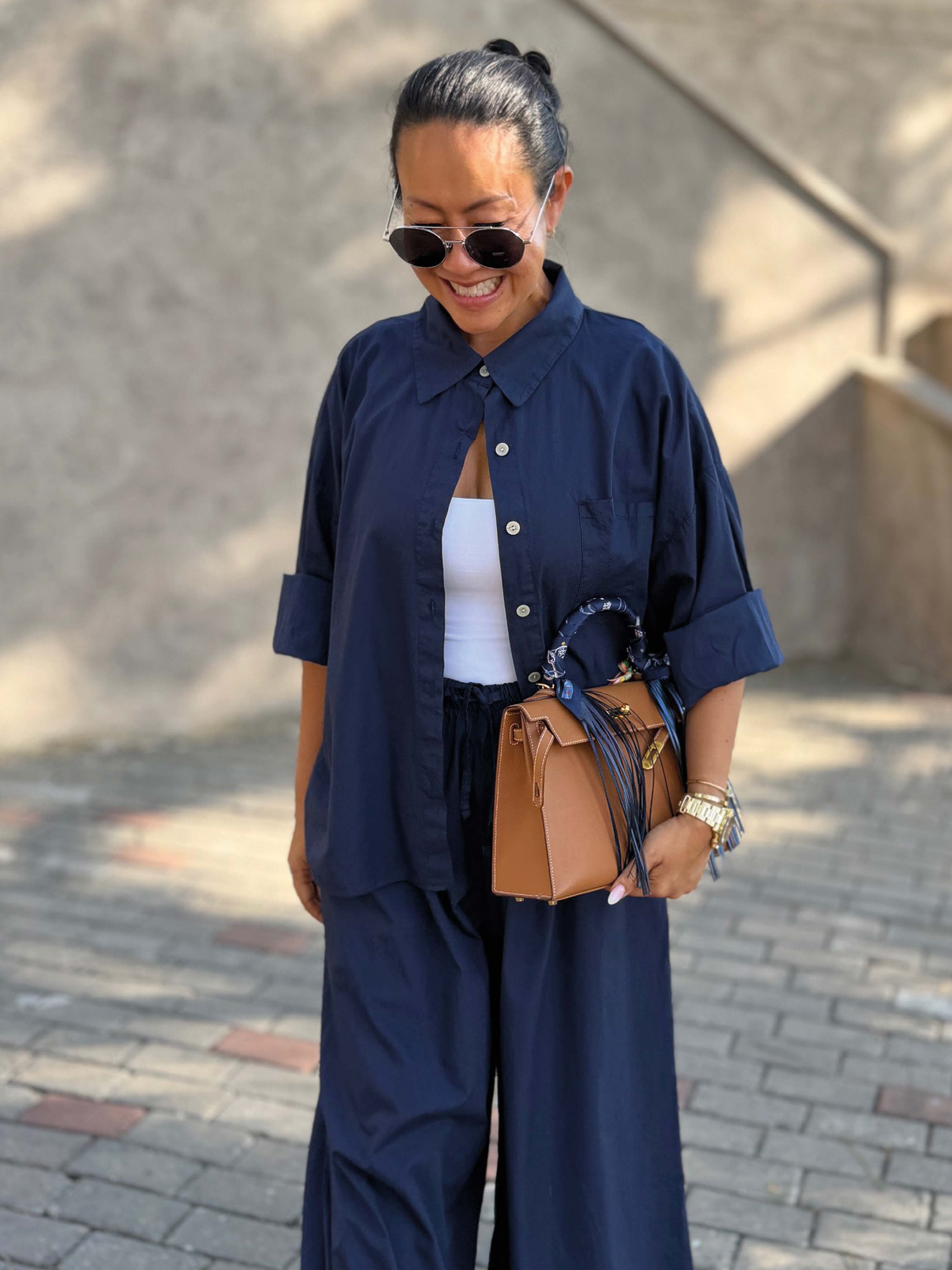 Basic Cotton Boxy Bluse - Navy