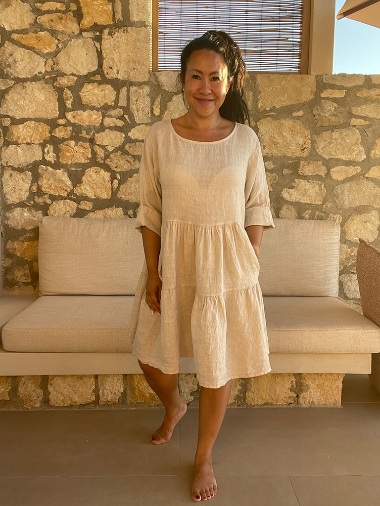 10709-Beige-2 Leinen Tunika mit Seitentaschen - Beige