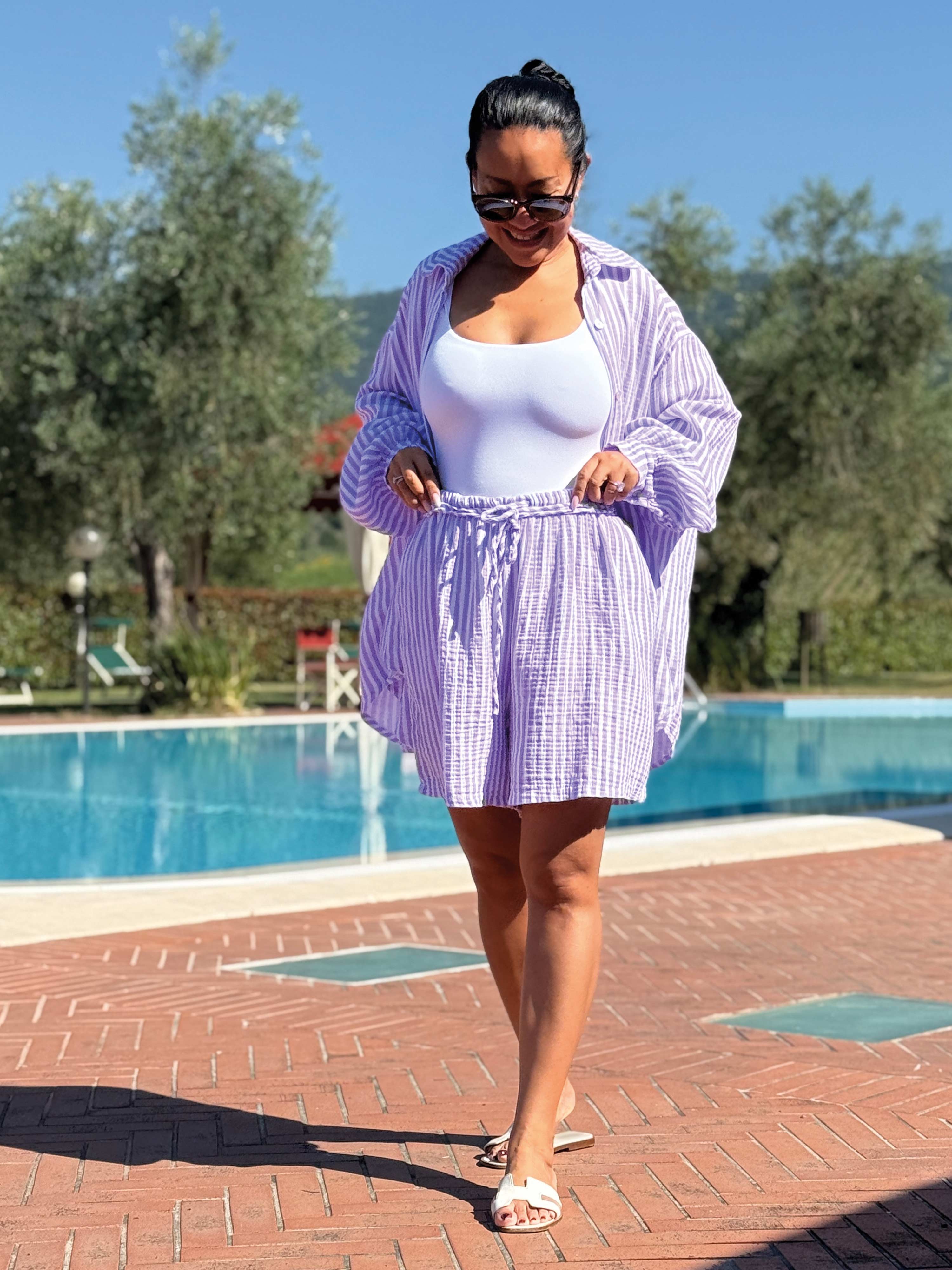 Musselin Bermuda Shorts - SUMMER BREEZE - Stripes Flieder