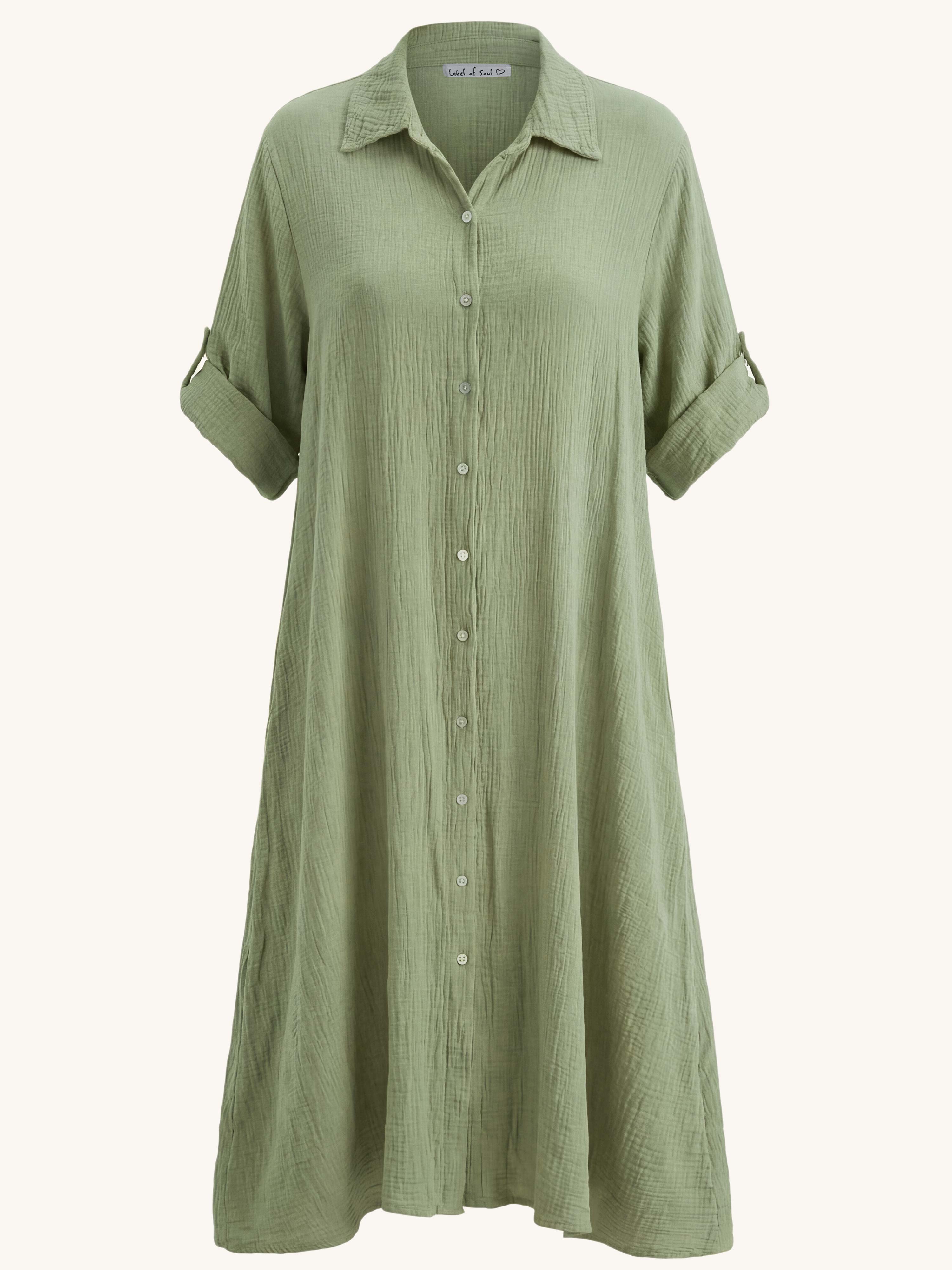 Musselin Oversize Kurzarm Blusenkleid mit A-Linie - Matcha