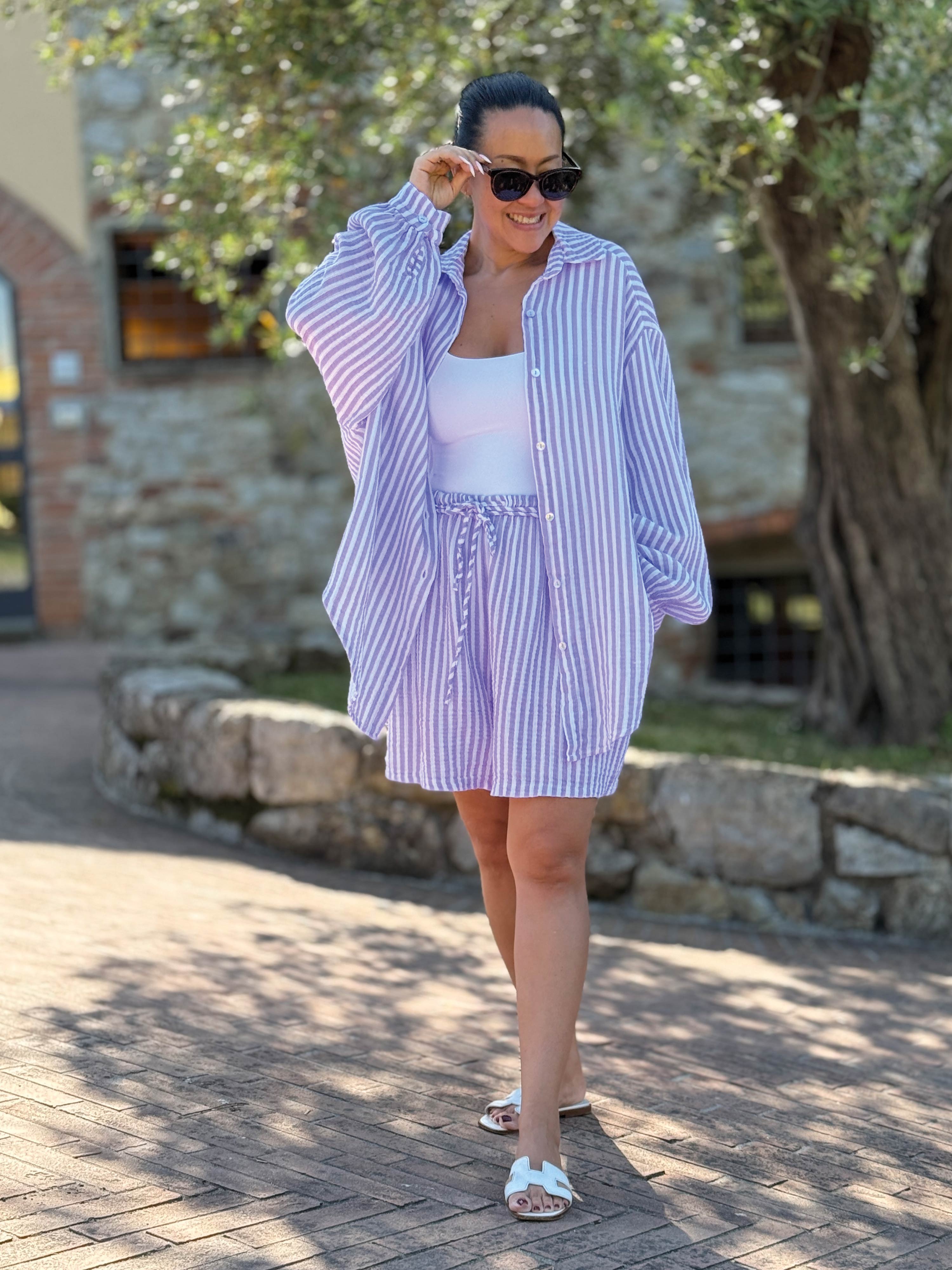 Musselin Midi Oversize Bluse - SUMMER BREEZE - Stripes Flieder