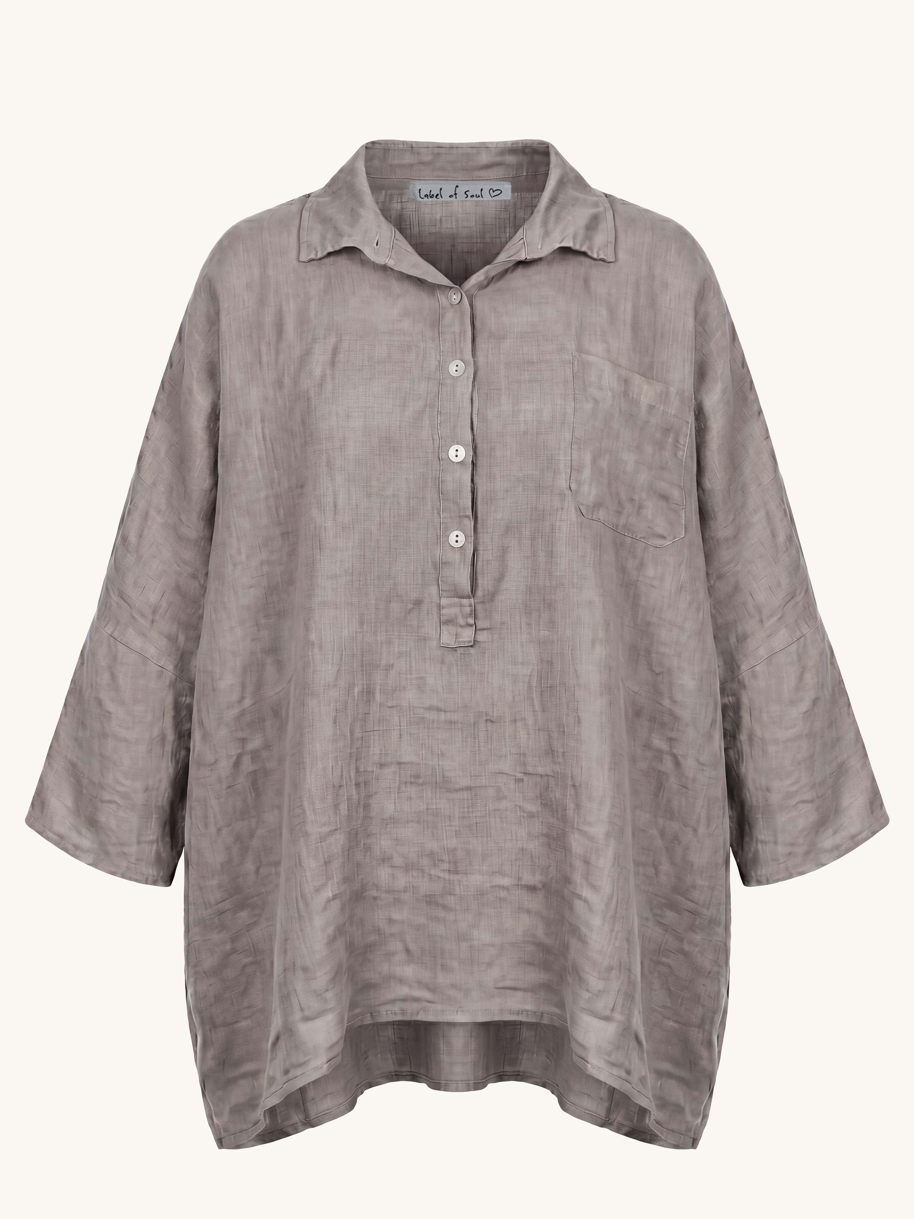 Leinen Oversize Bluse mit Seitentaschen - Taupe