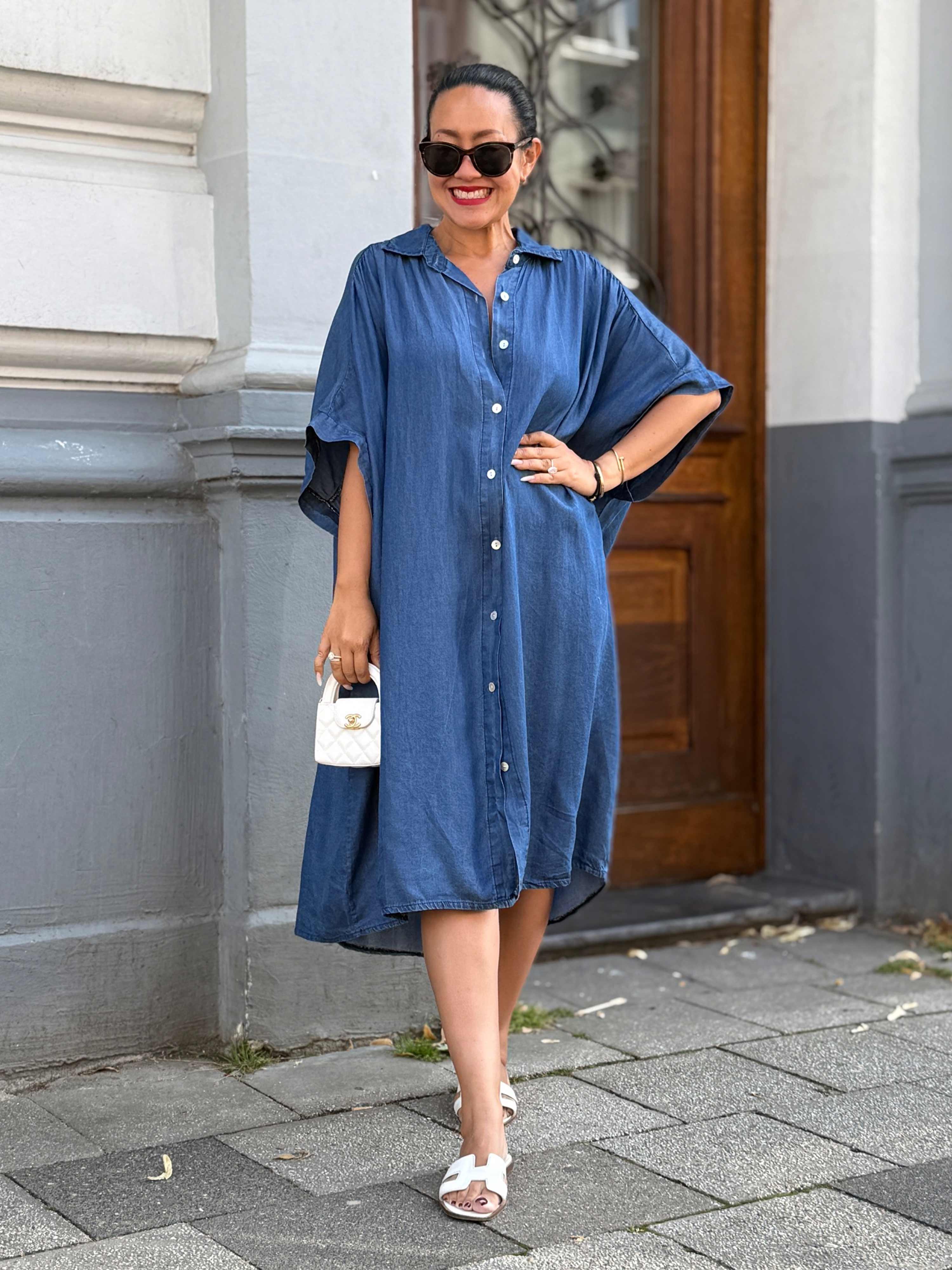 Leichtes Lyocell Oversize Kurzarm Blusenkleid - LANA - Medium Blue