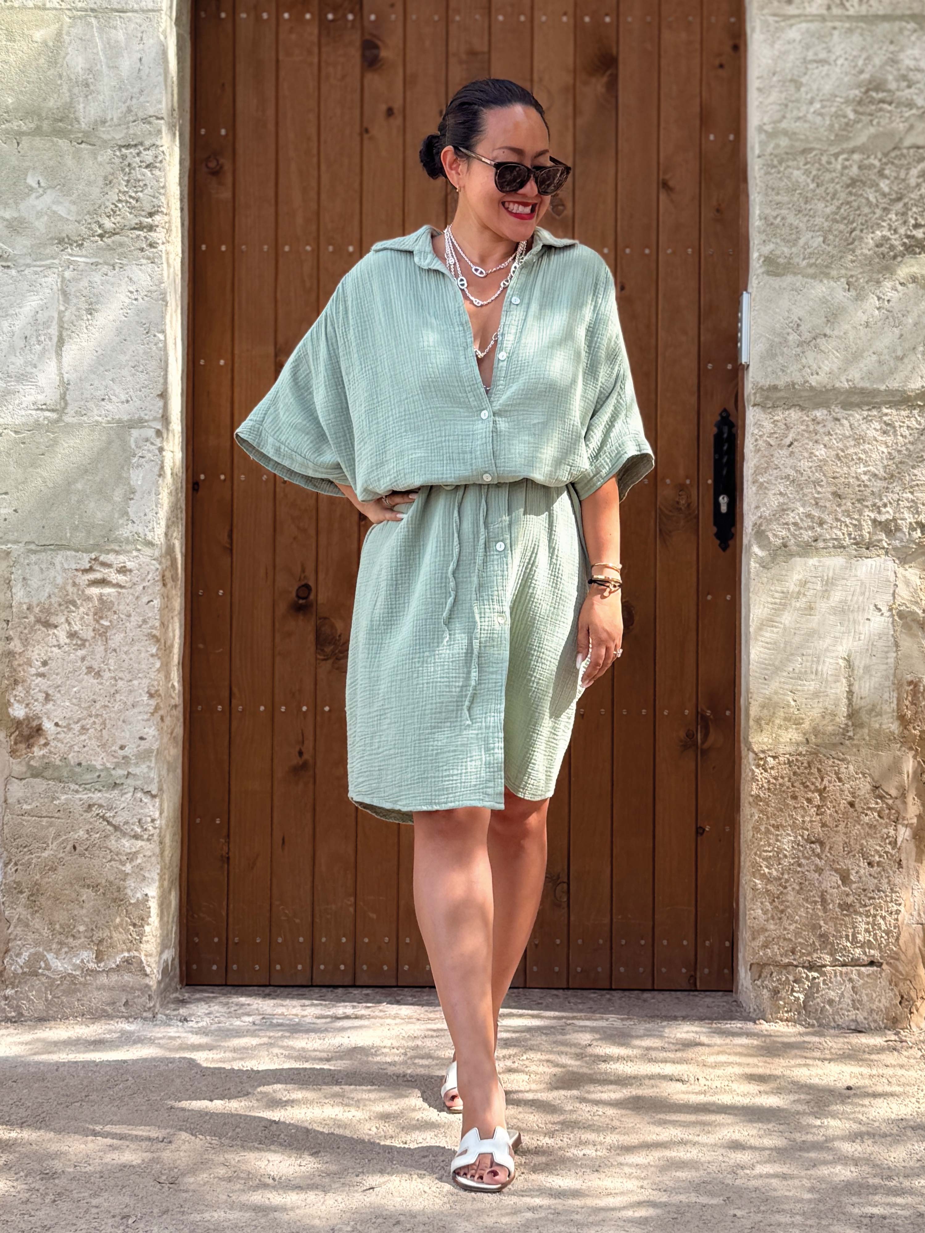 Musselin Oversize Kurzarm Blusenkleid - LANA - Matcha