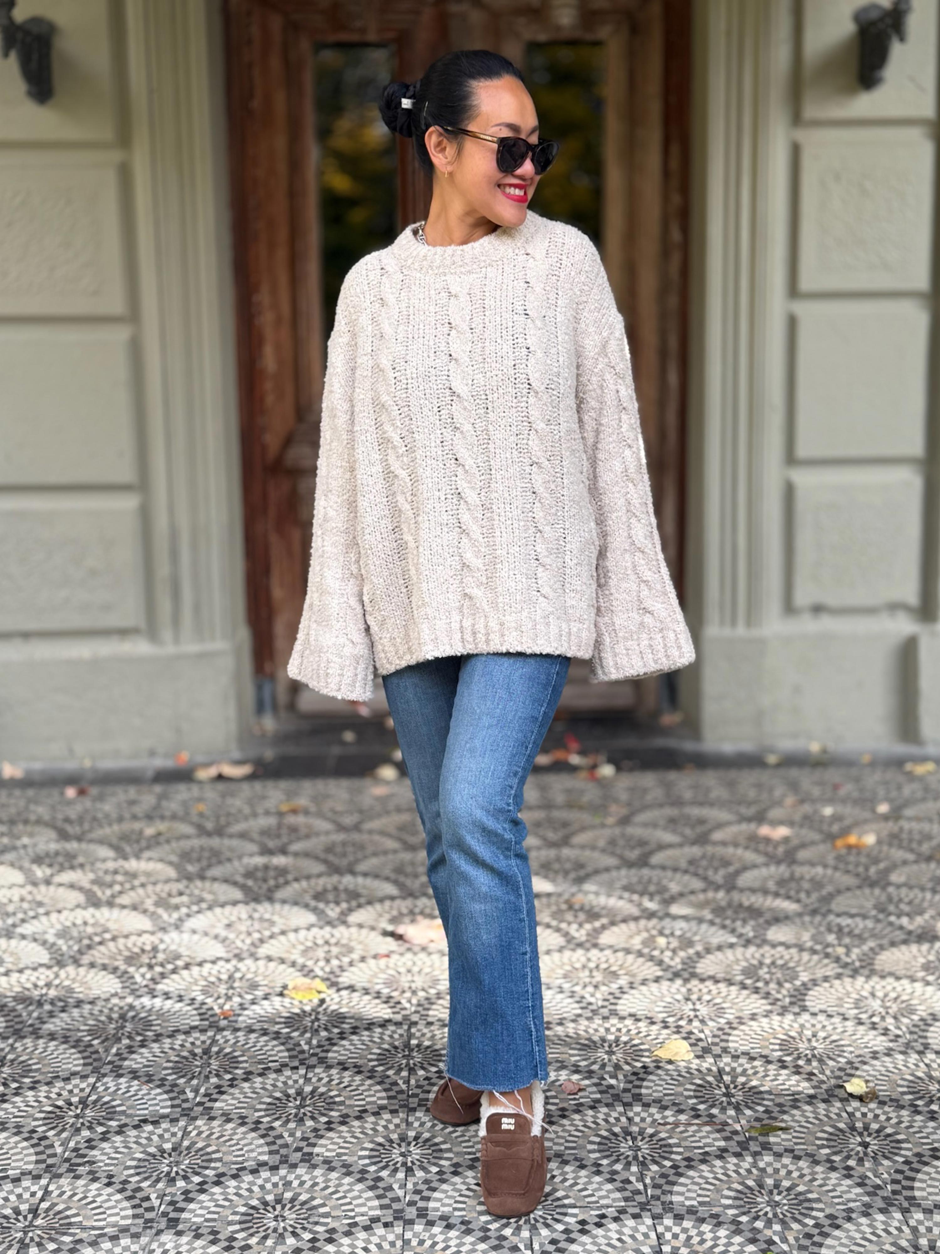 Bouclé Zopfstrickpullover - Creme