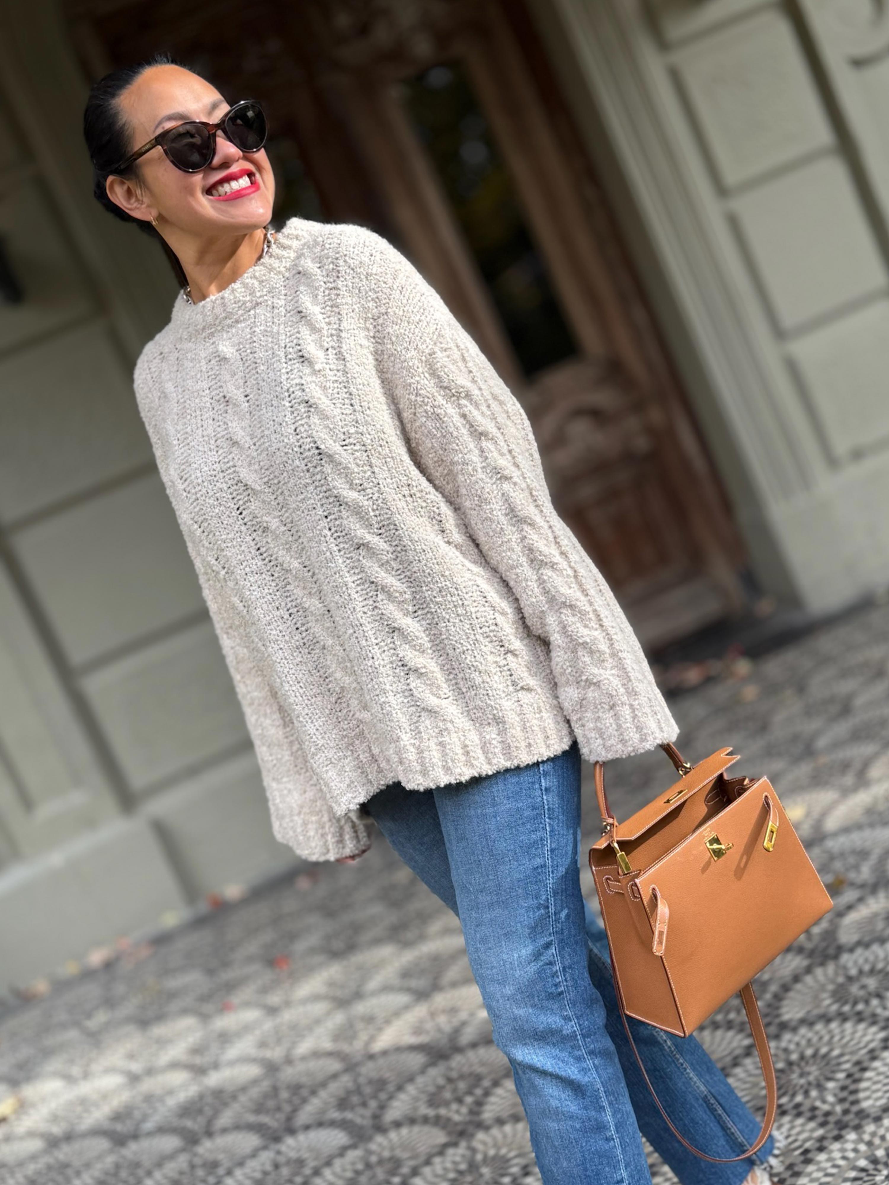 Bouclé Zopfstrickpullover - Creme