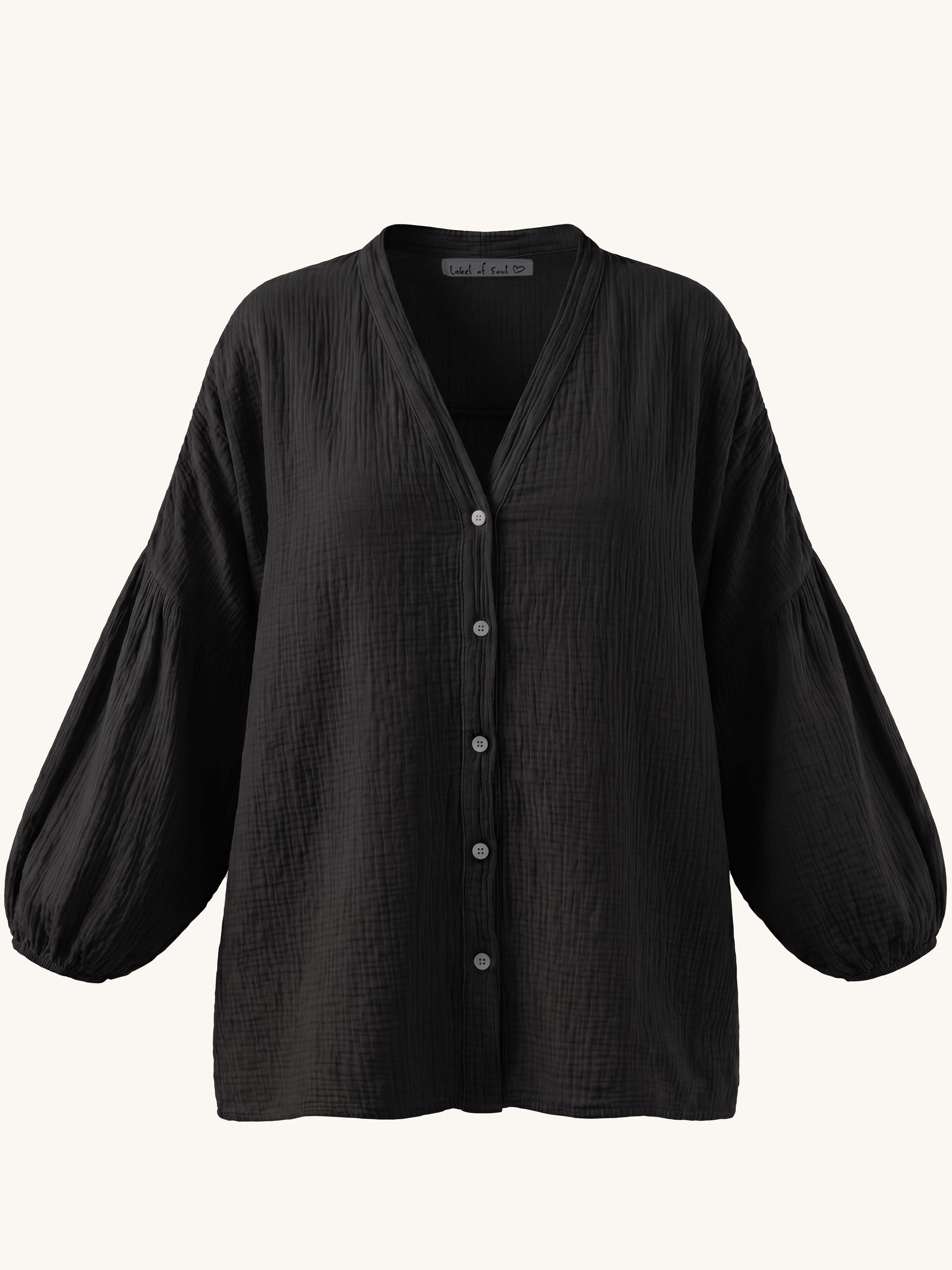 Musselin Oversize Bluse mit V-Ausschnitt - Schwarz