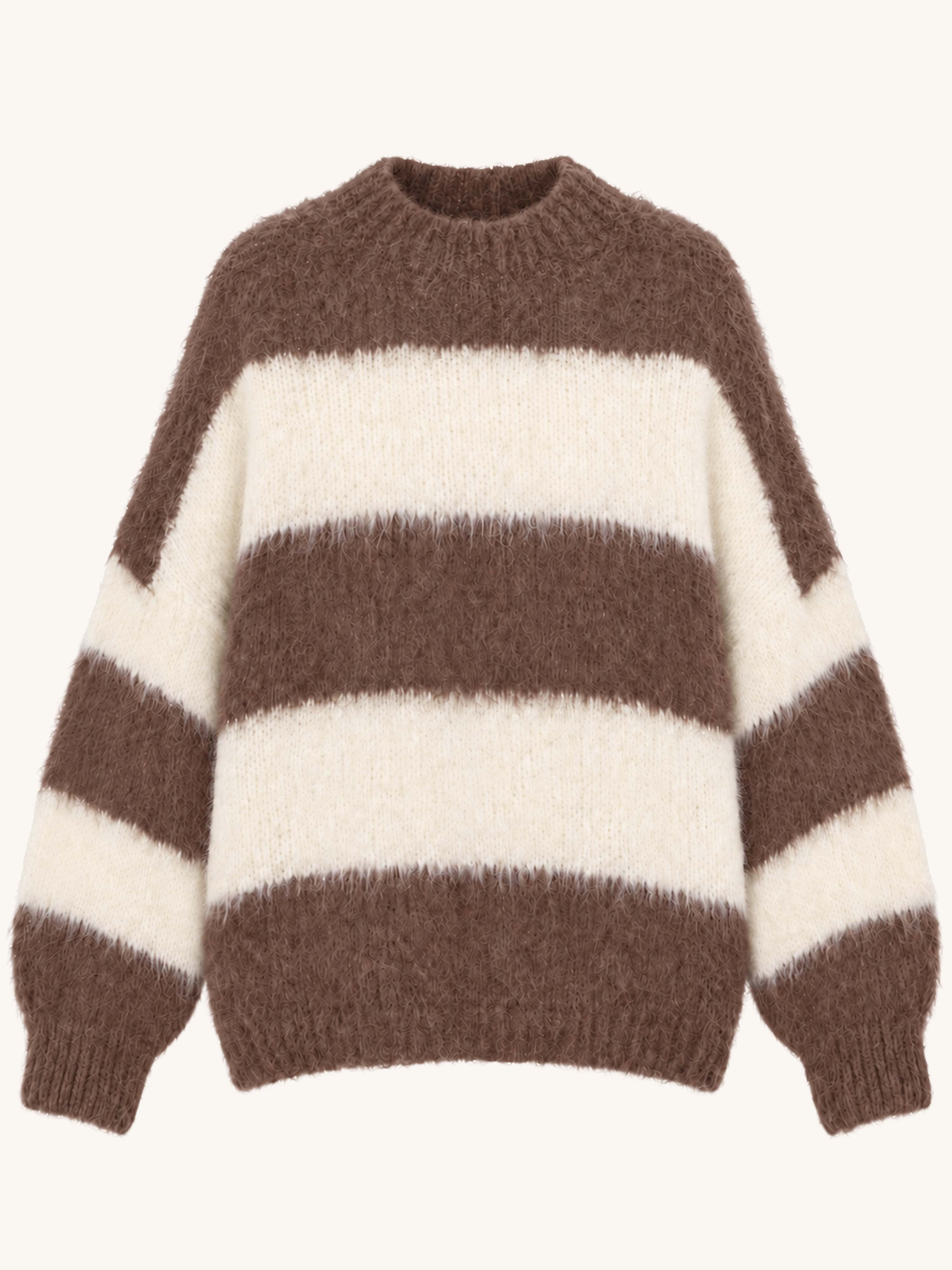Oversize Strickpullover mit Stehkragen FLUFFY - STRIPES - Creme/Schoko