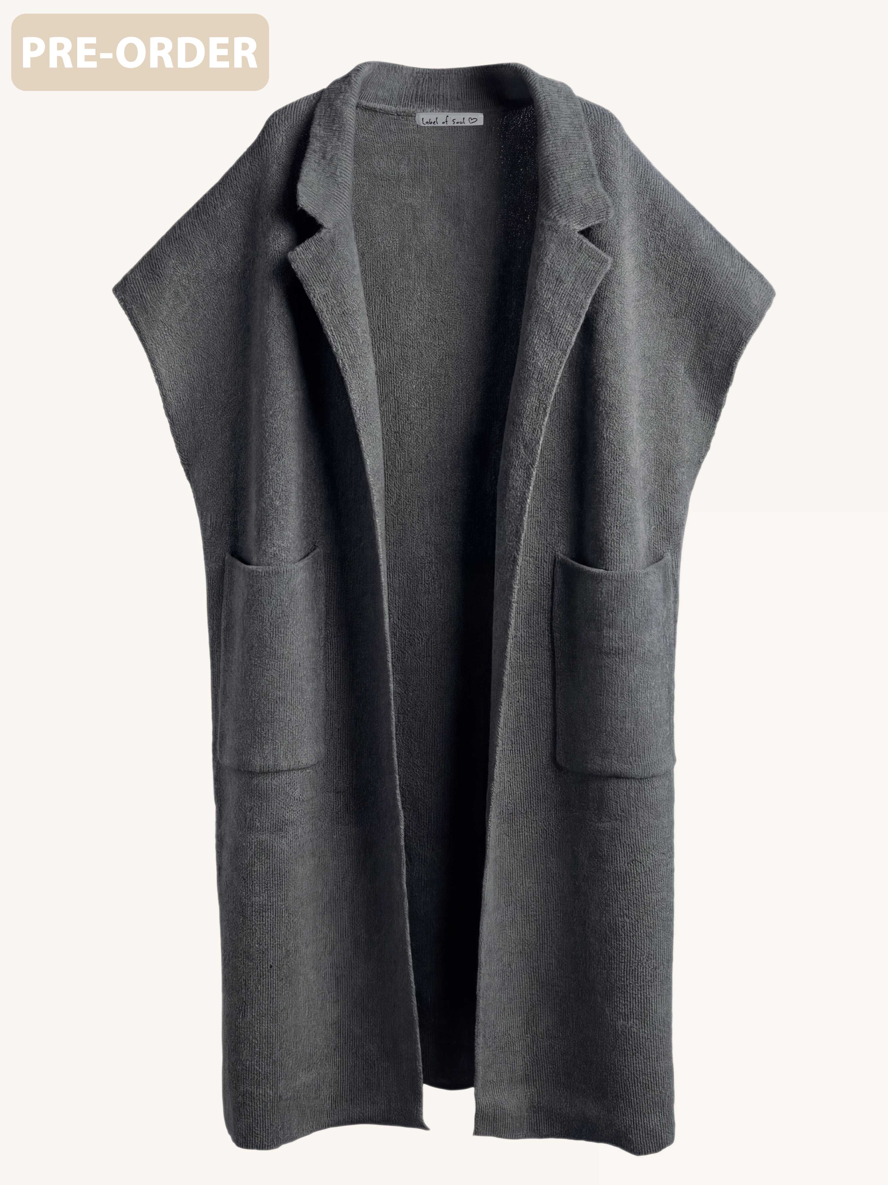 PRE-ORDER: Ärmelloser Oversize Strickmantel mit Gürtel - Anthrazit