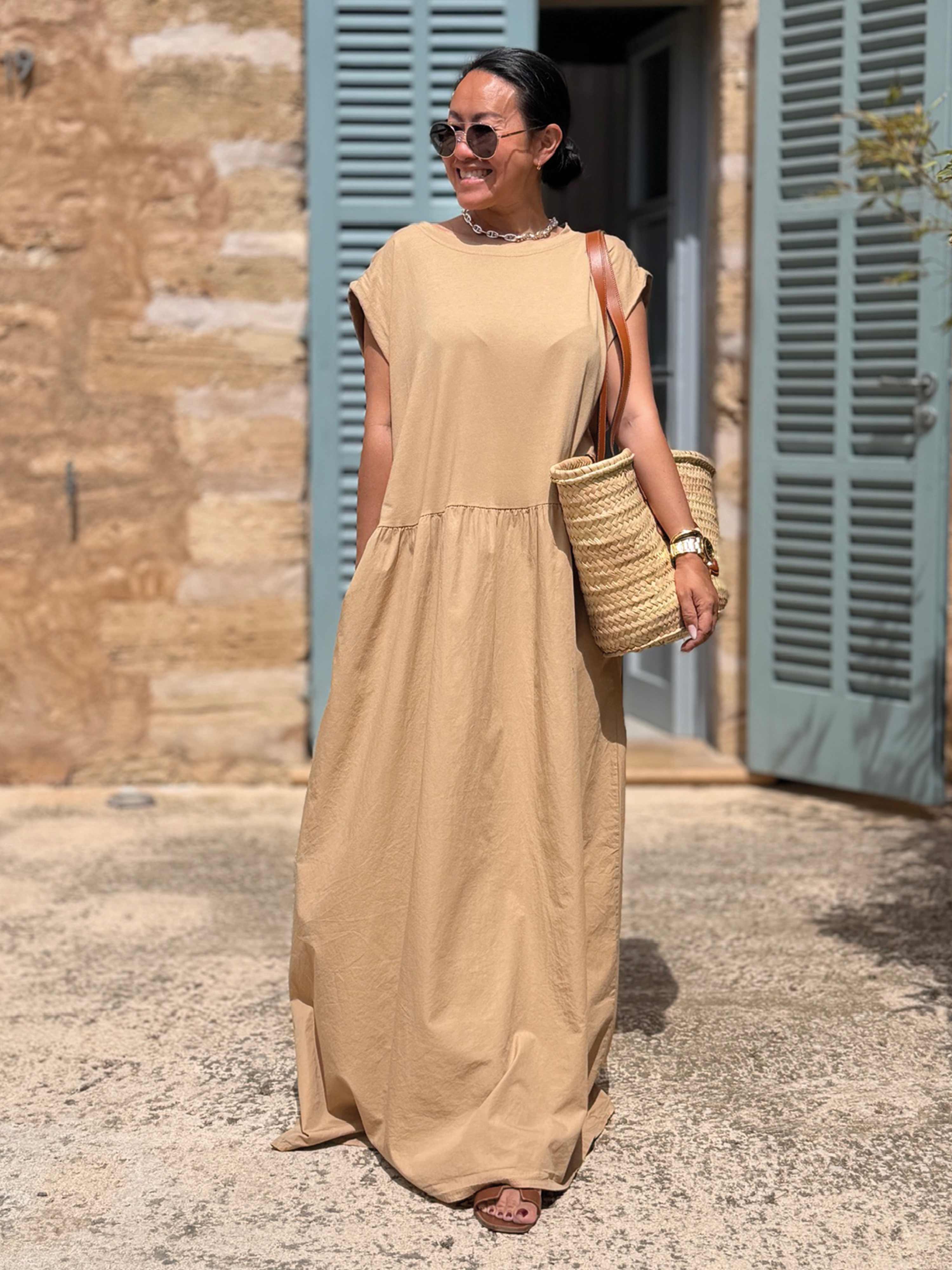 Ärmelloses Cotton Kleid Long mit Seitentaschen - Camel