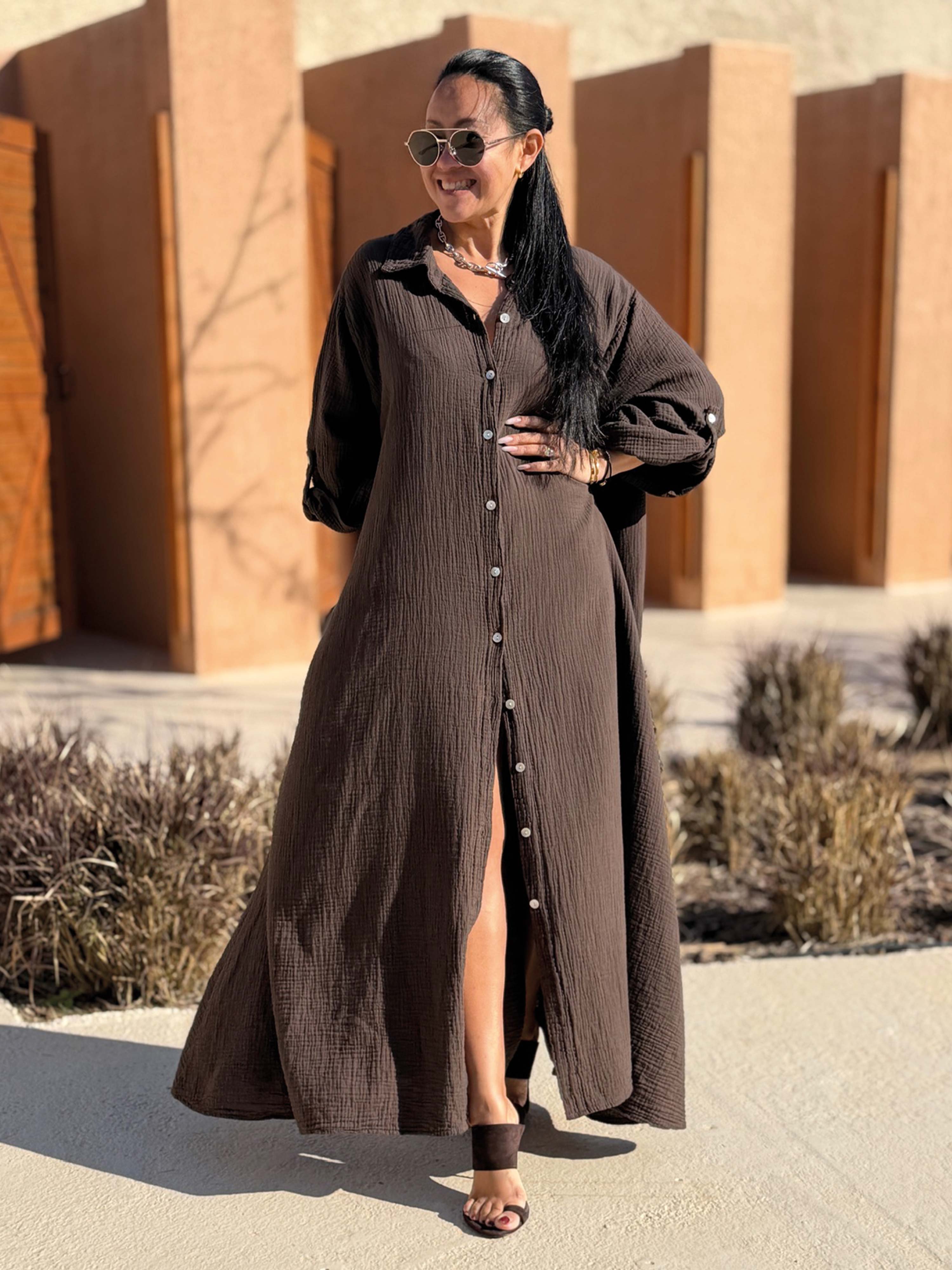 Musselin Oversize Blusenkleid - A-Linie mit Seitentaschen - Schoko