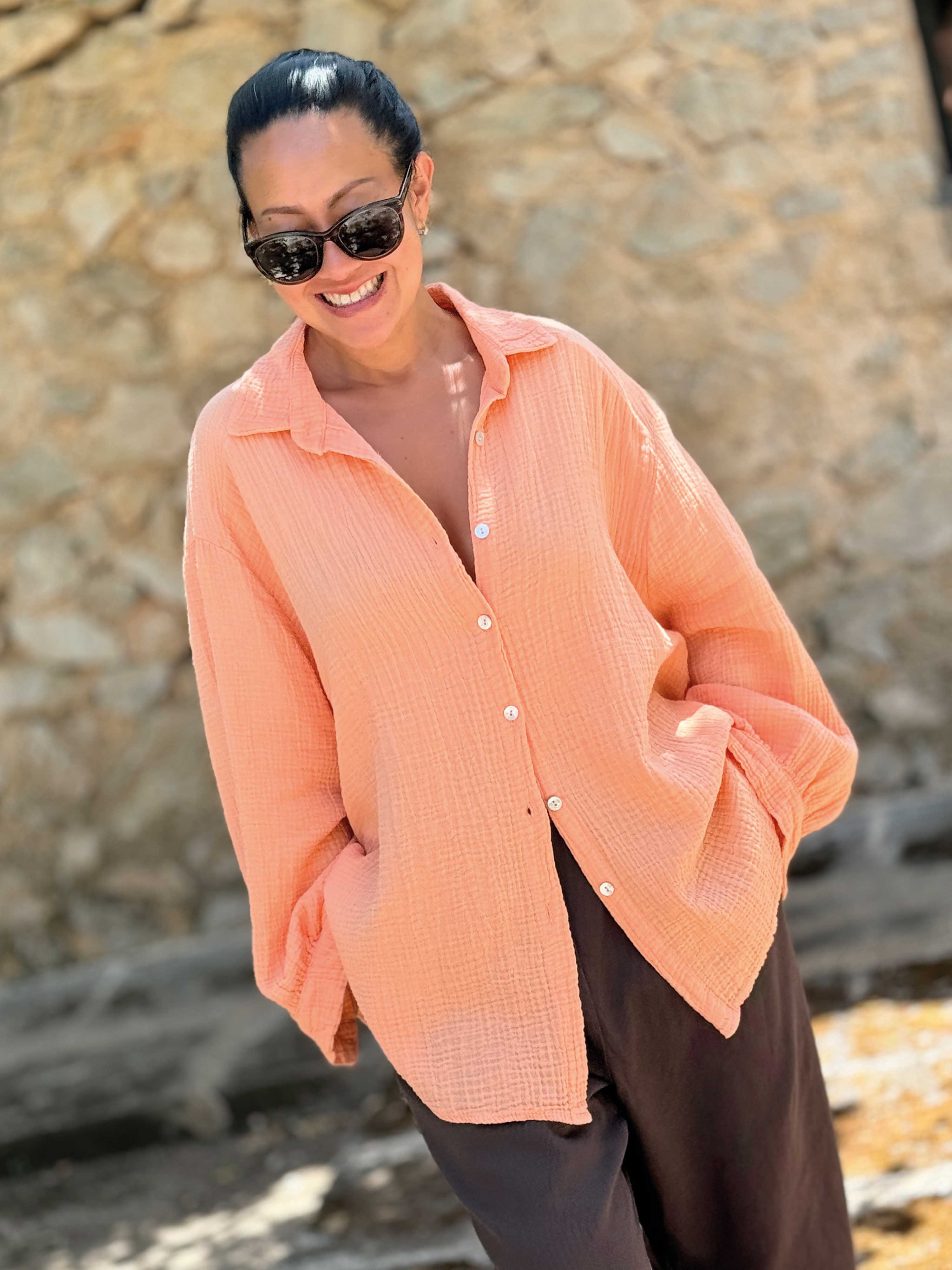 Musselin Midi Oversize Bluse - Melone