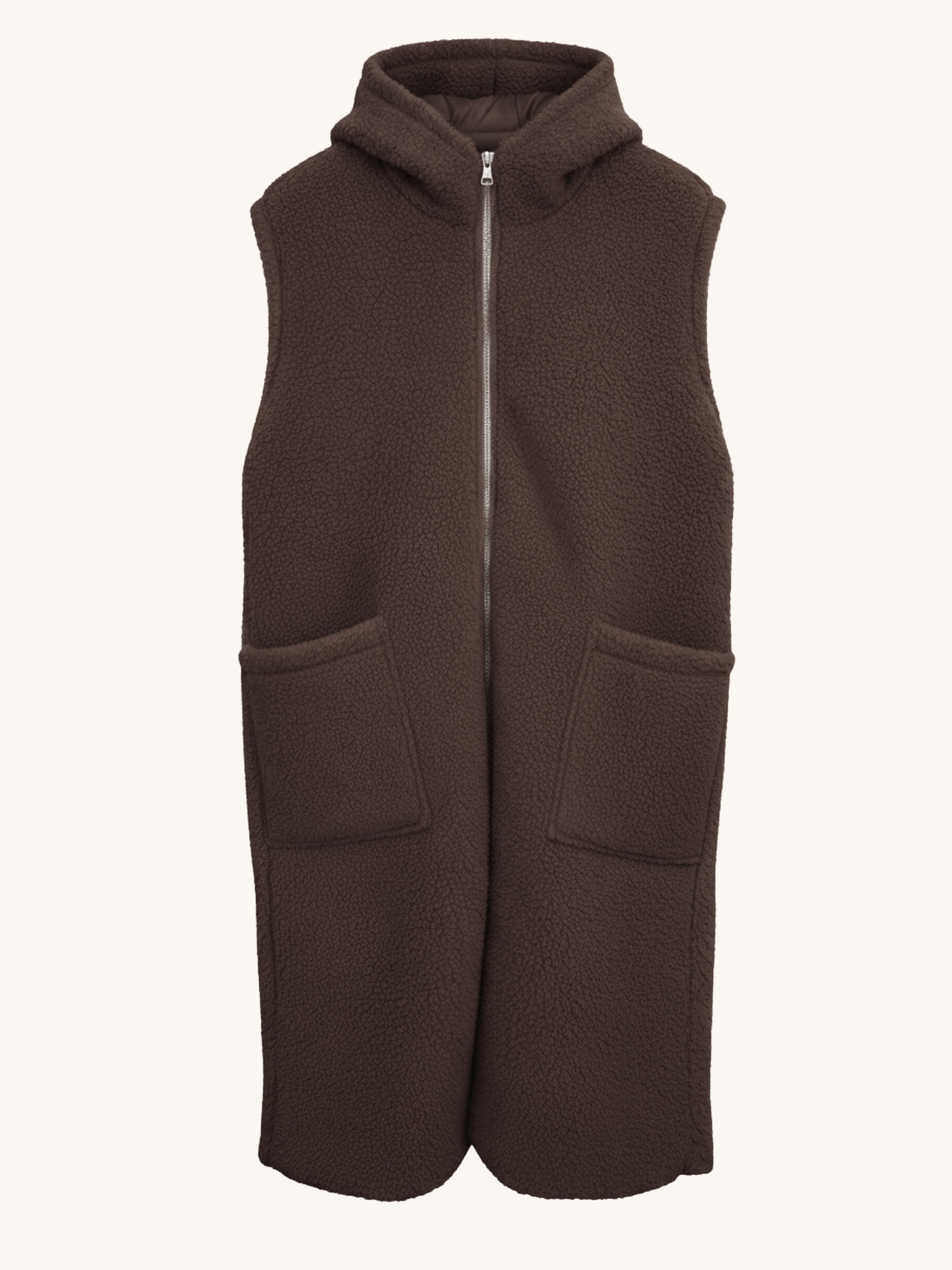 Teddylook Long Weste mit Kapuze - Schoko