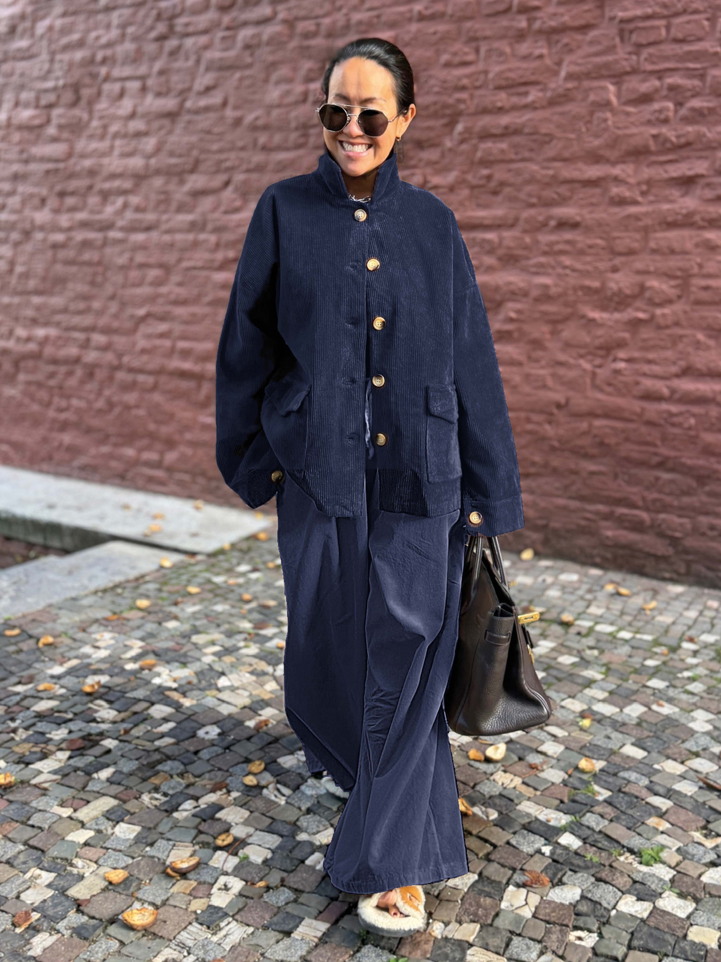 Feincord Palazzo Hose - LONG - Navy