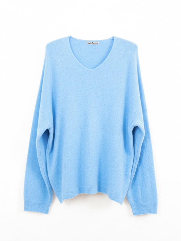 V-Ausschnitt Strickpullover mit Alpakawollanteil - Blau