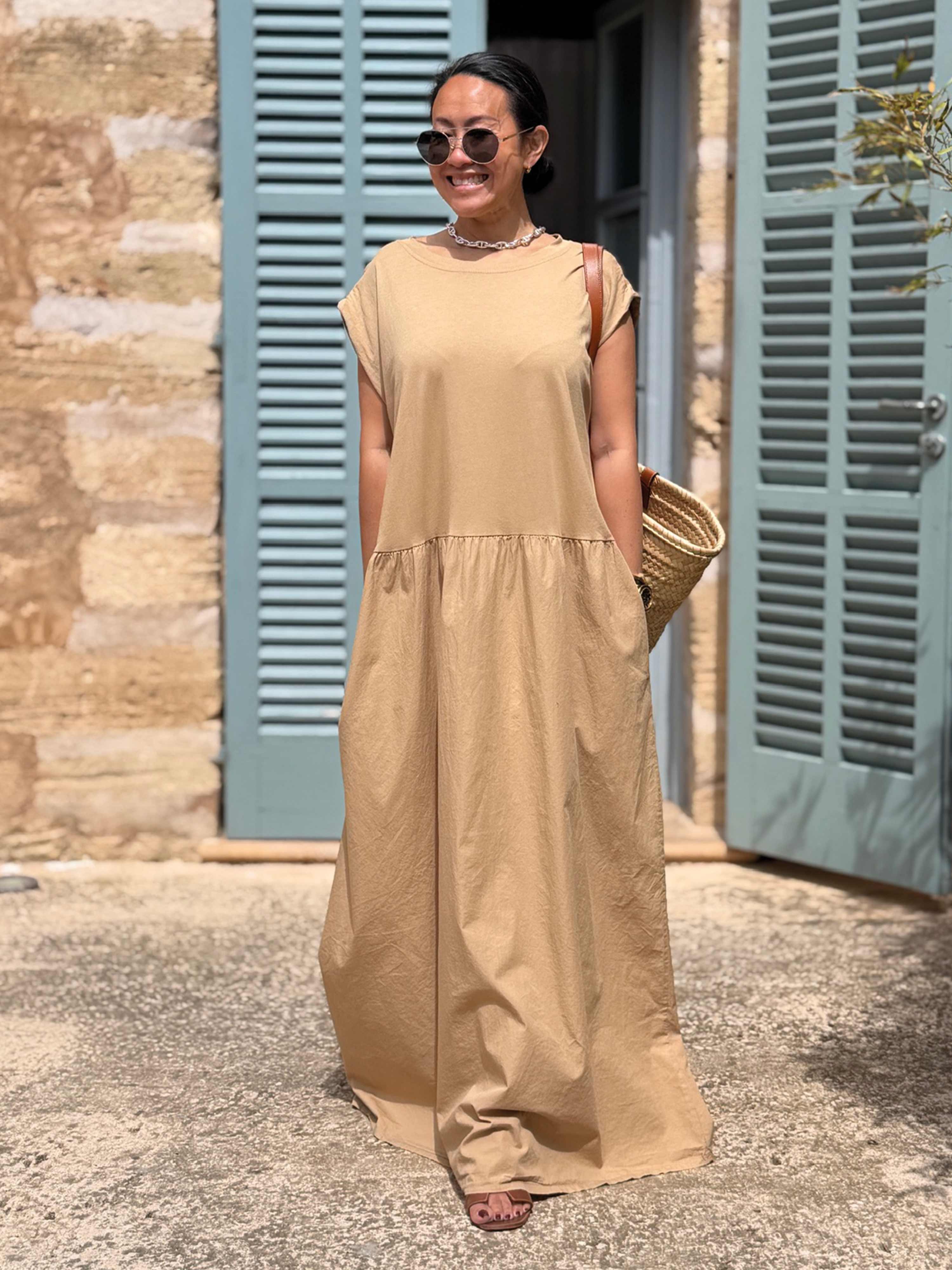 Ärmelloses Cotton Kleid Long mit Seitentaschen - Camel