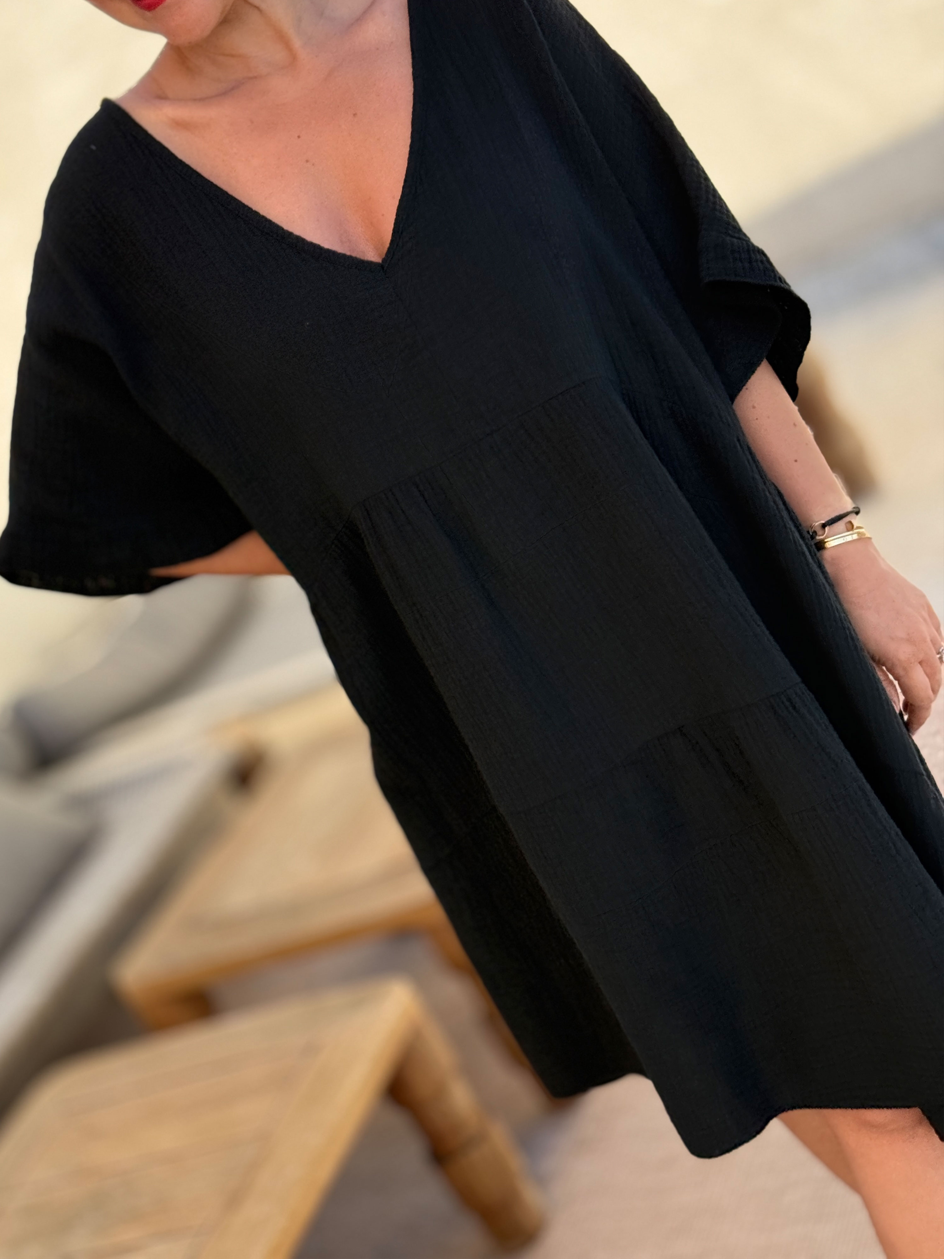 Musselin Tunika Midi mit V-Ausschnitt - Schwarz Musselin Tunika Midi mit V-Ausschnitt - Schwarz