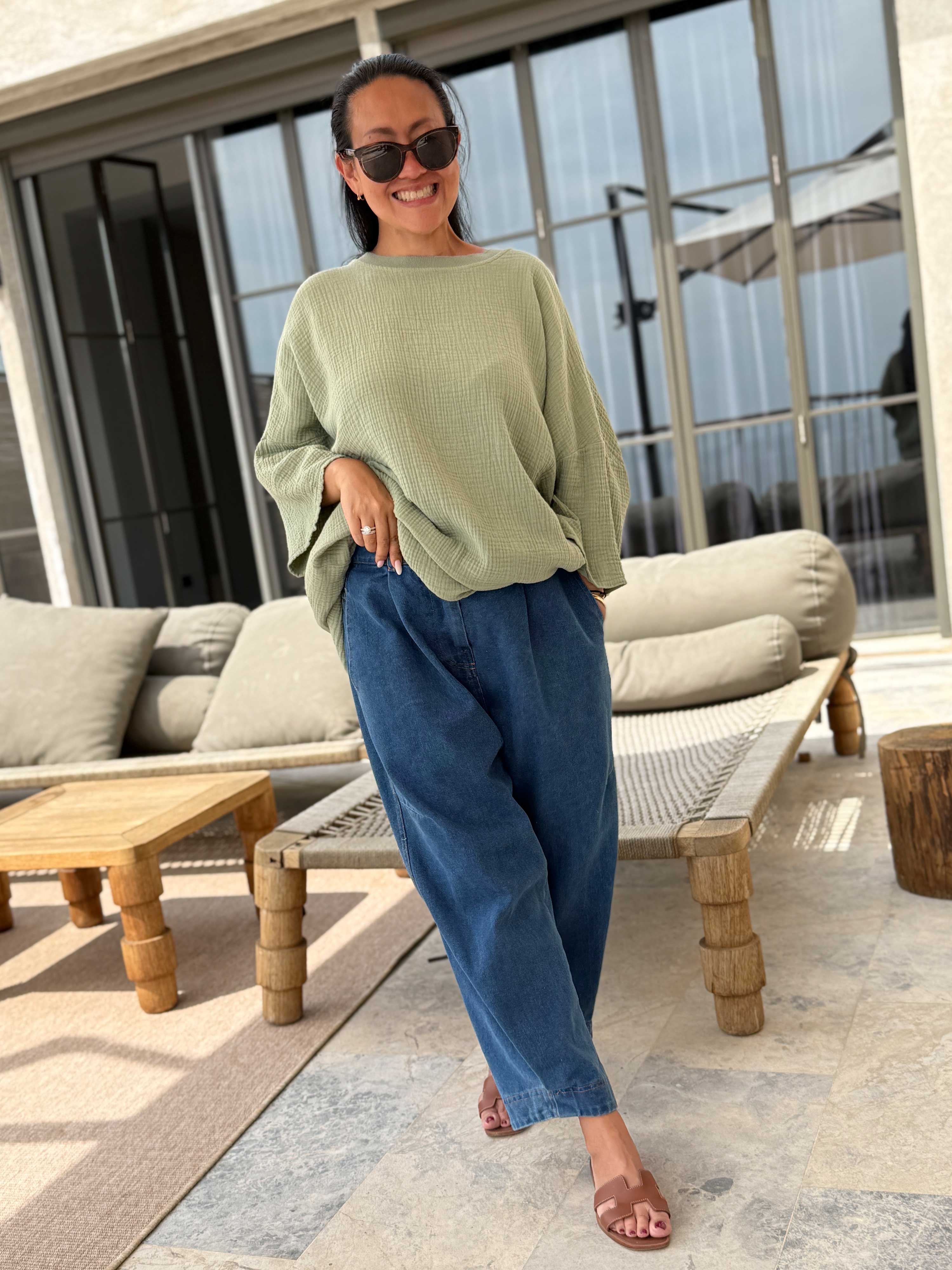 Musselin Oversize Kurzarm Shirt - Matcha