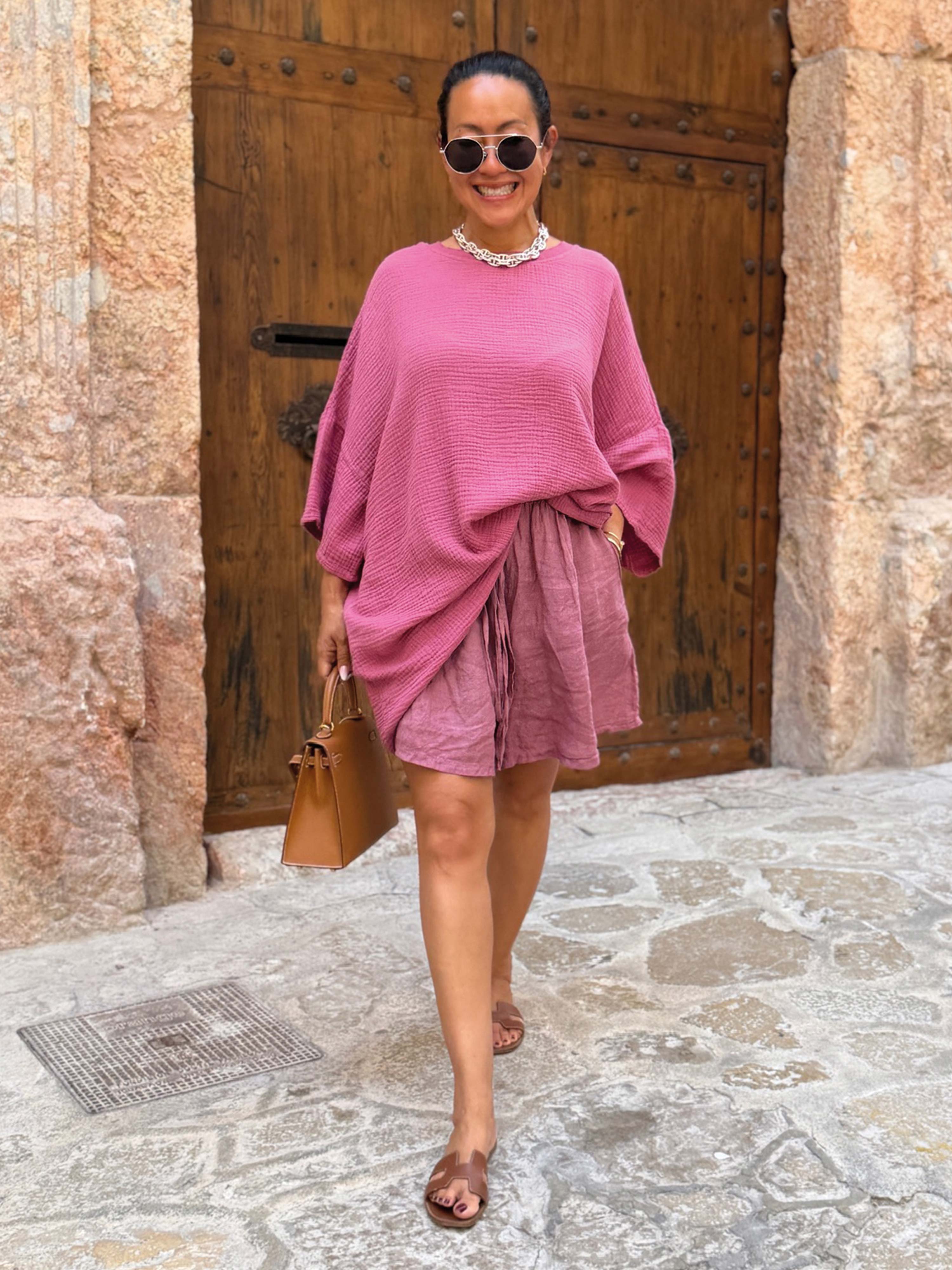 Musselin Oversize Kurzarm Shirt - Beere