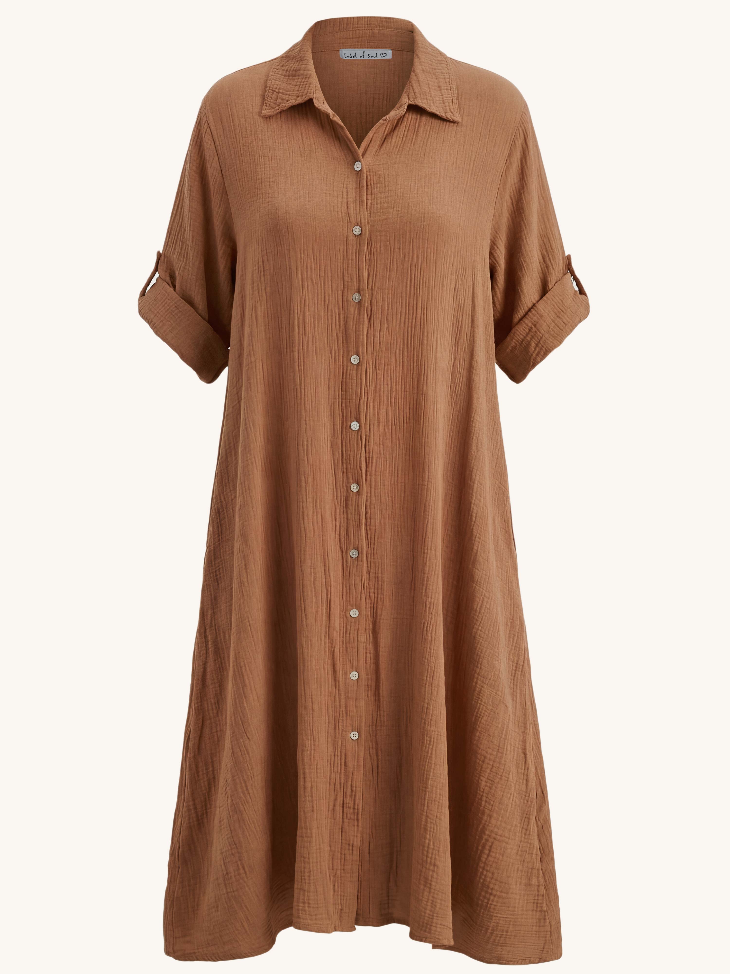 Musselin Oversize Kurzarm Blusenkleid mit A-Linie - Cinnamon