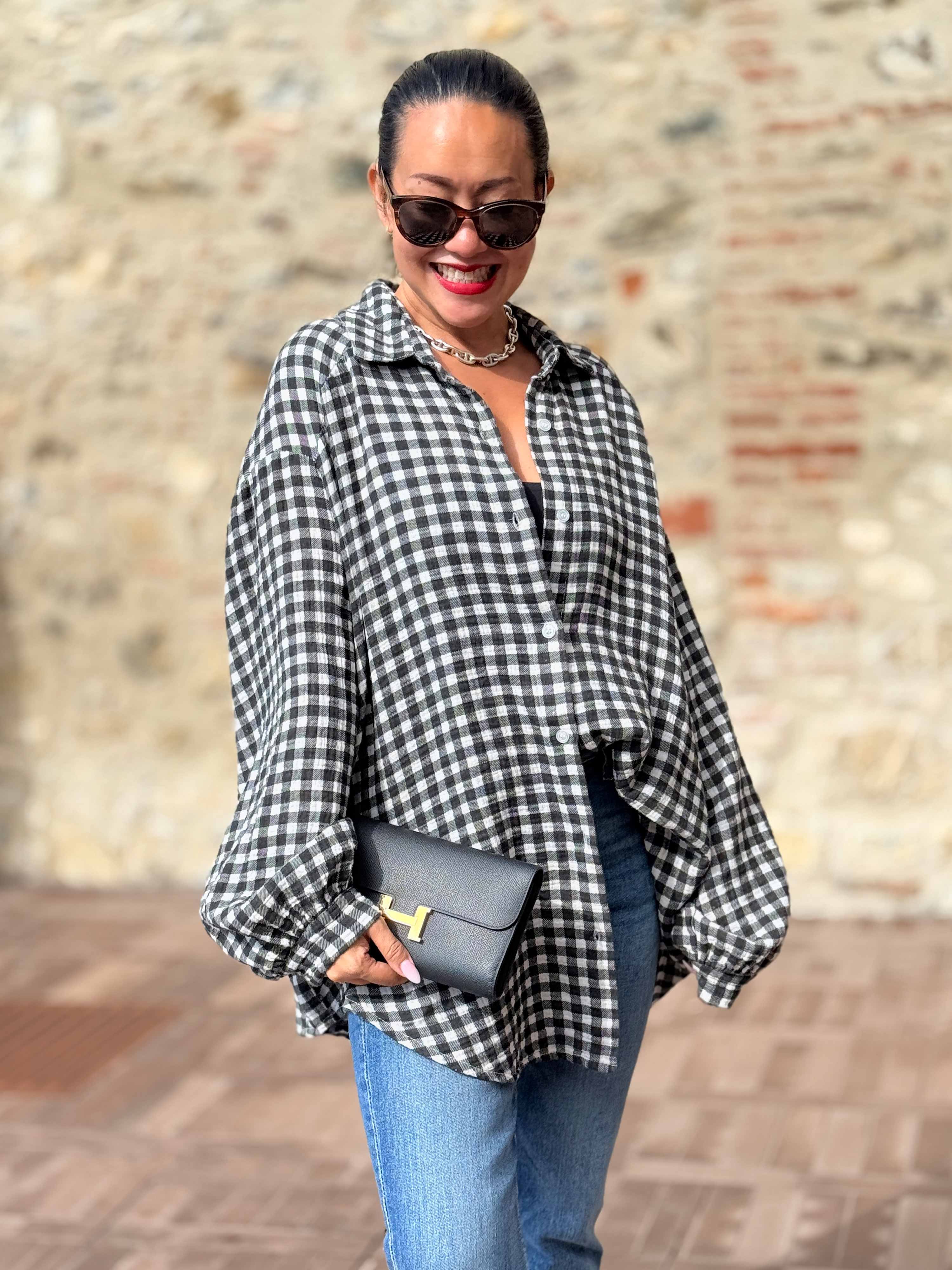 Musselin Midi Oversize Bluse - KARO Schwarz