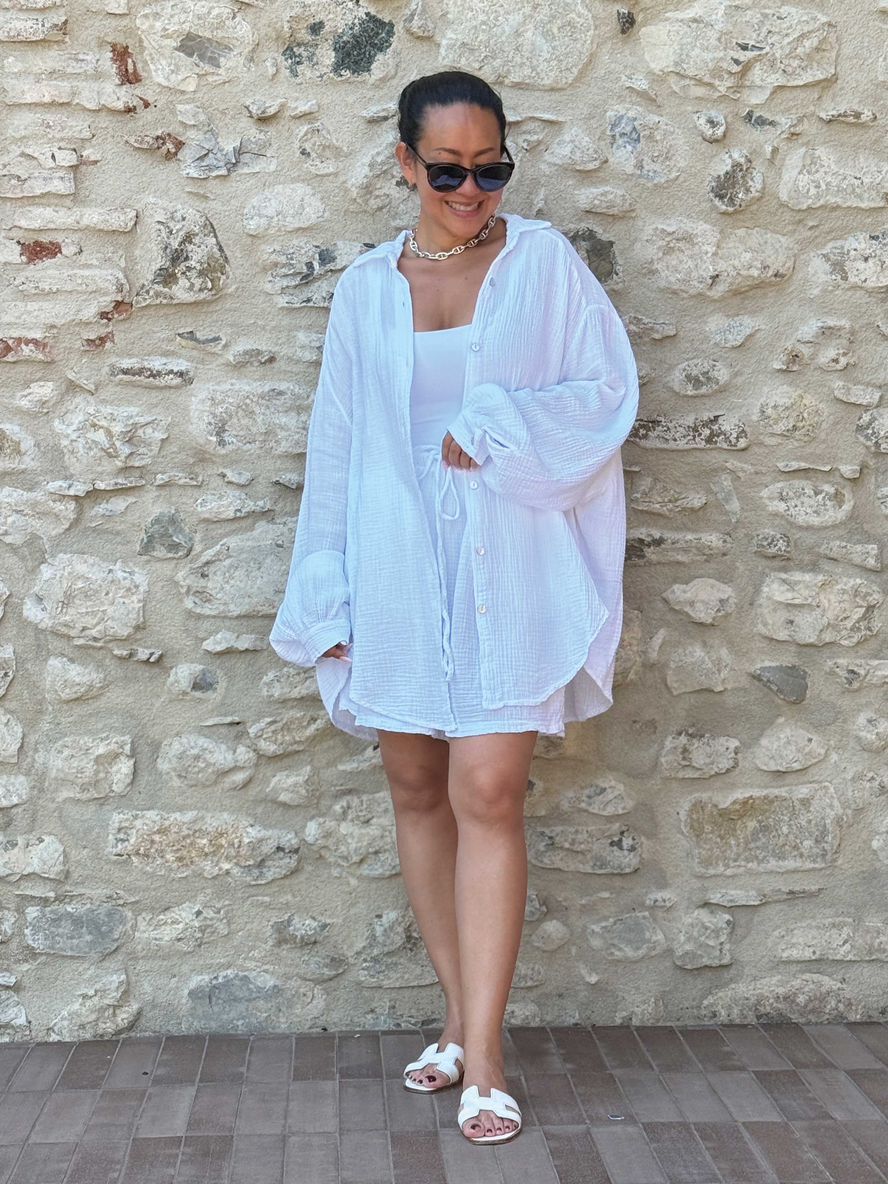 Musselin Midi Oversize Bluse - Weiss