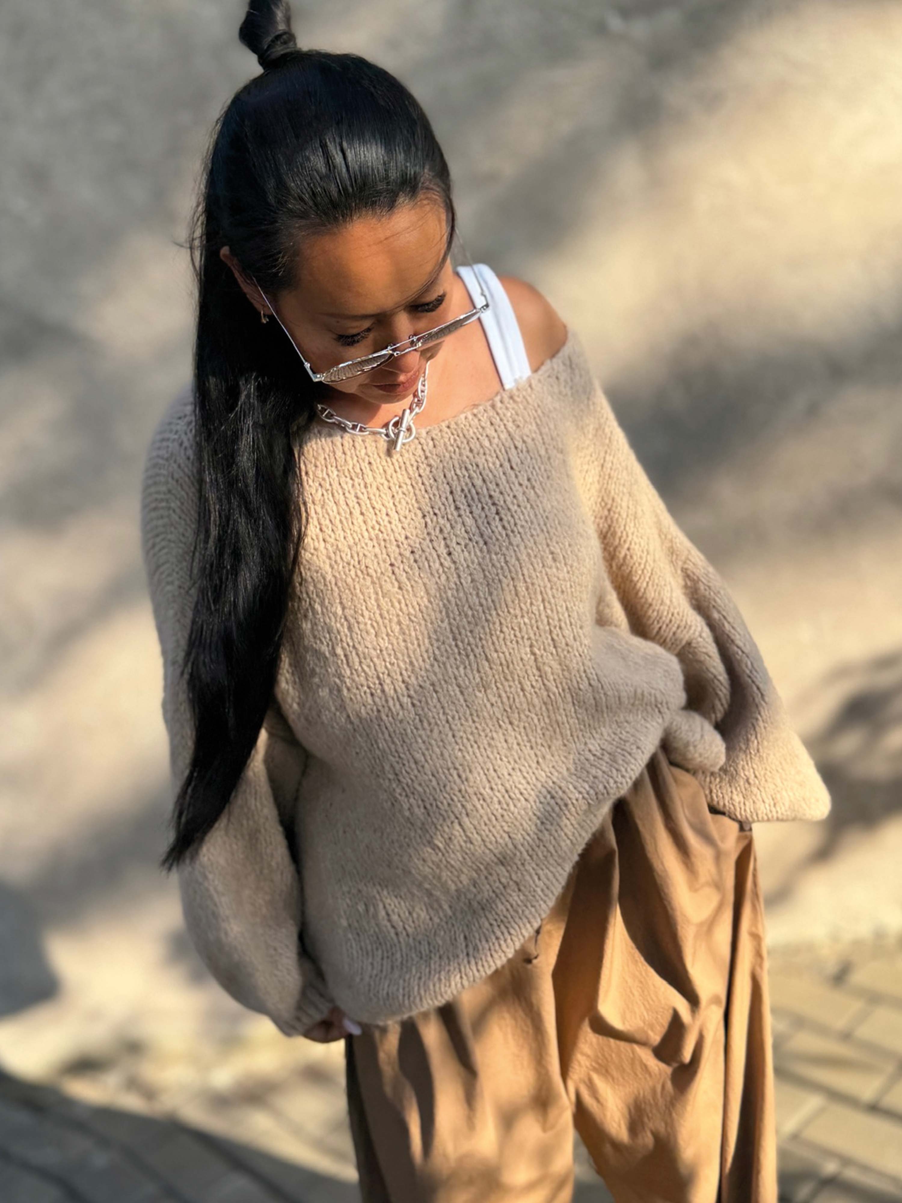 Oversize Cropped Strickpullover - FLAUSCHI - Beige