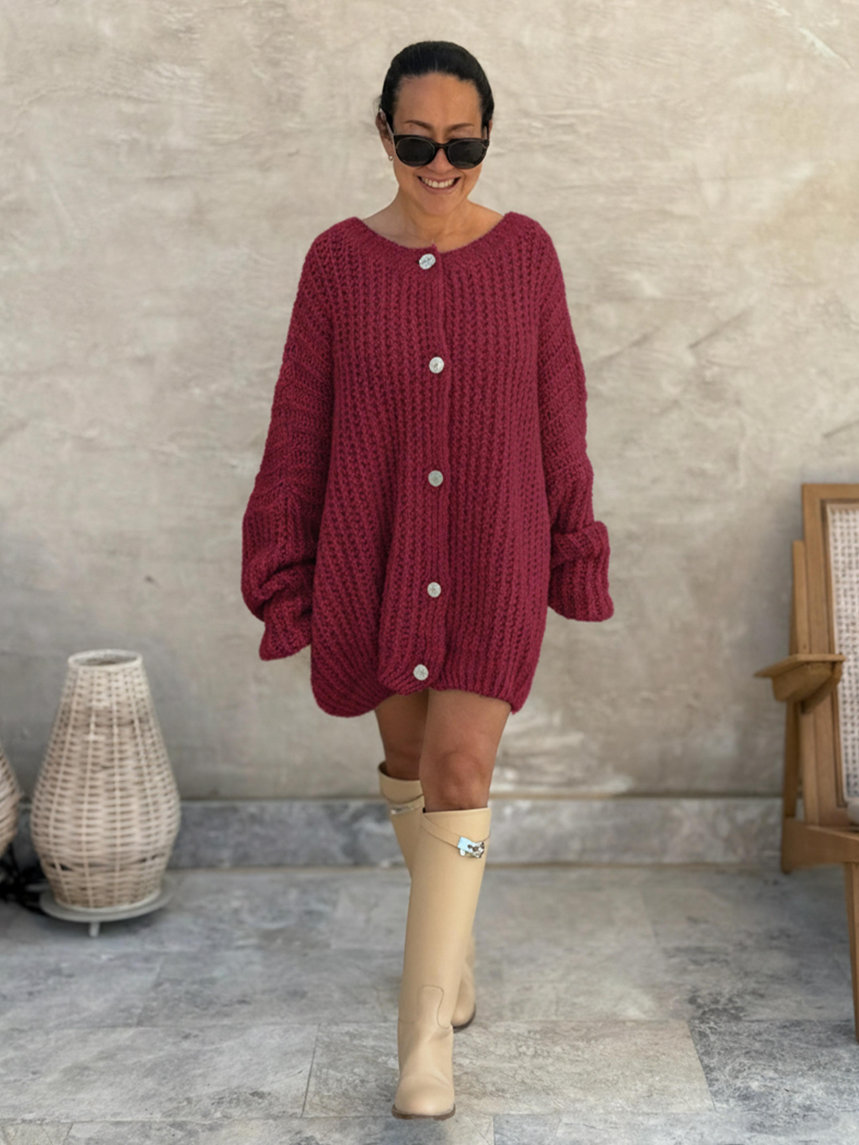 Oversize Bouclé Grob Strickjacke - Burgundy