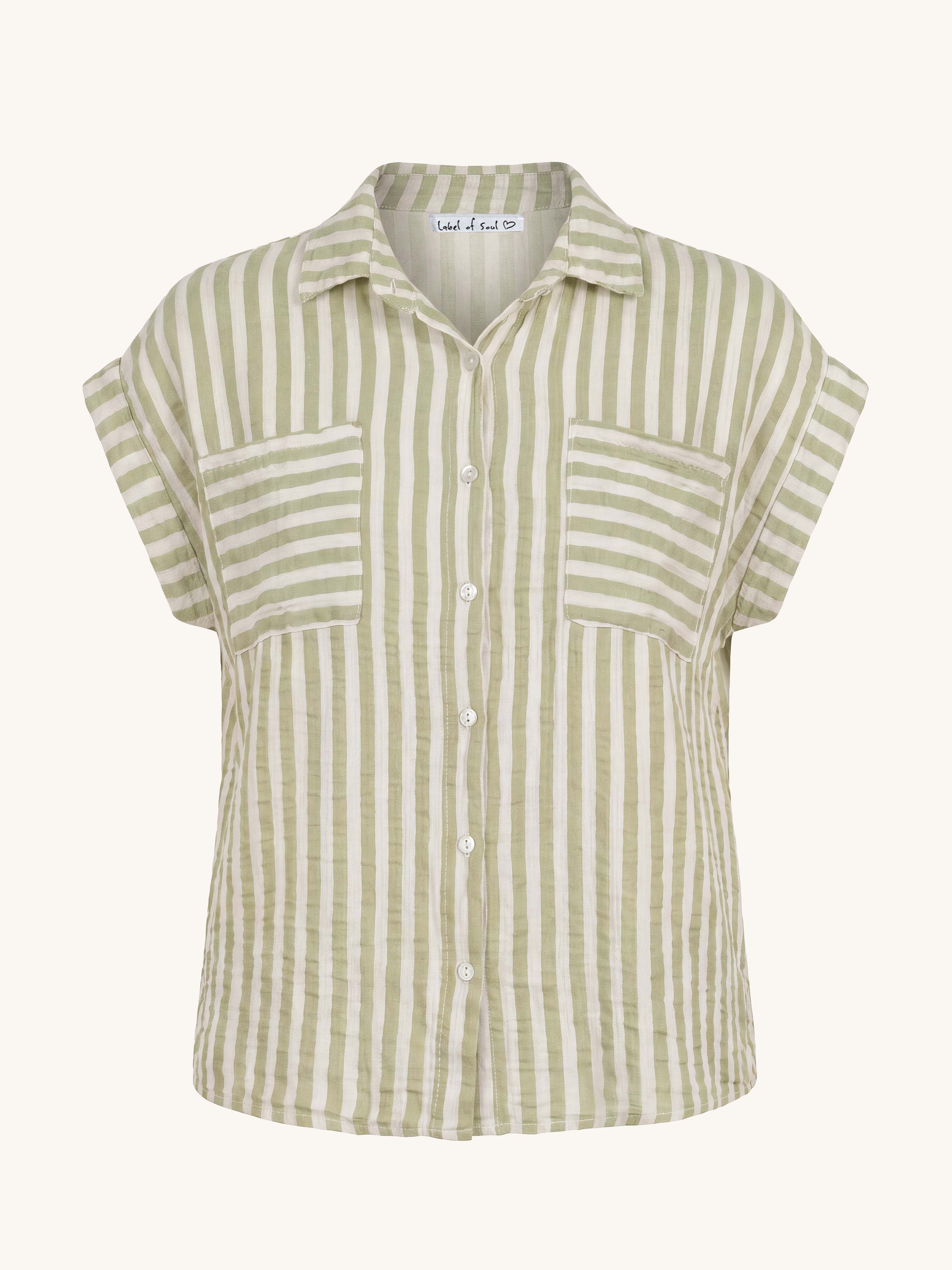 Ärmellose Musselin Bluse mit Taschen - STRIPES - Matcha/Creme