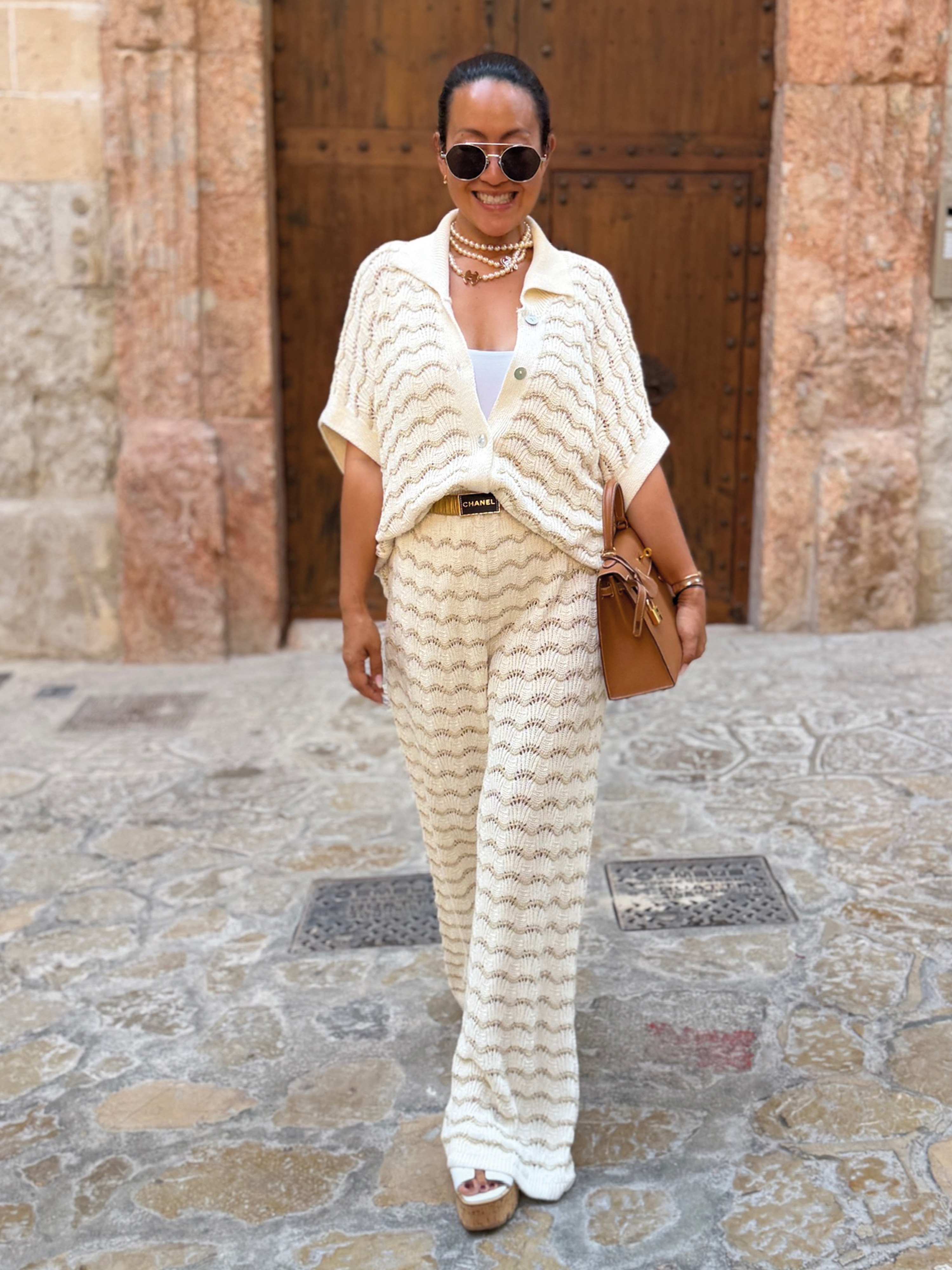Palazzo Oversize Häkel Hose MANACOR - Stripes Creme/Gold