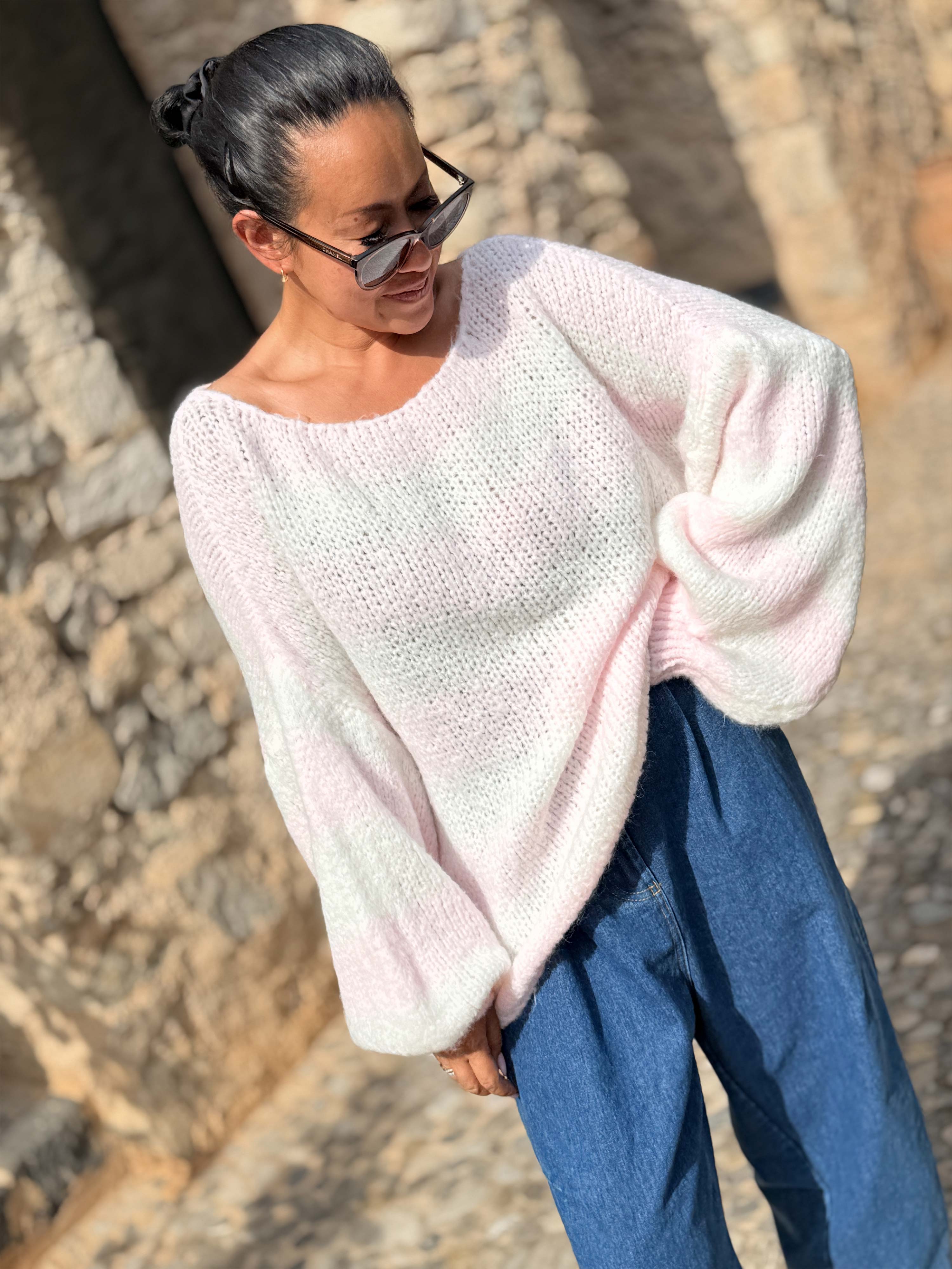 Oversize Cropped Strickpullover - FLAUSCHI - STRIPES - Rosa