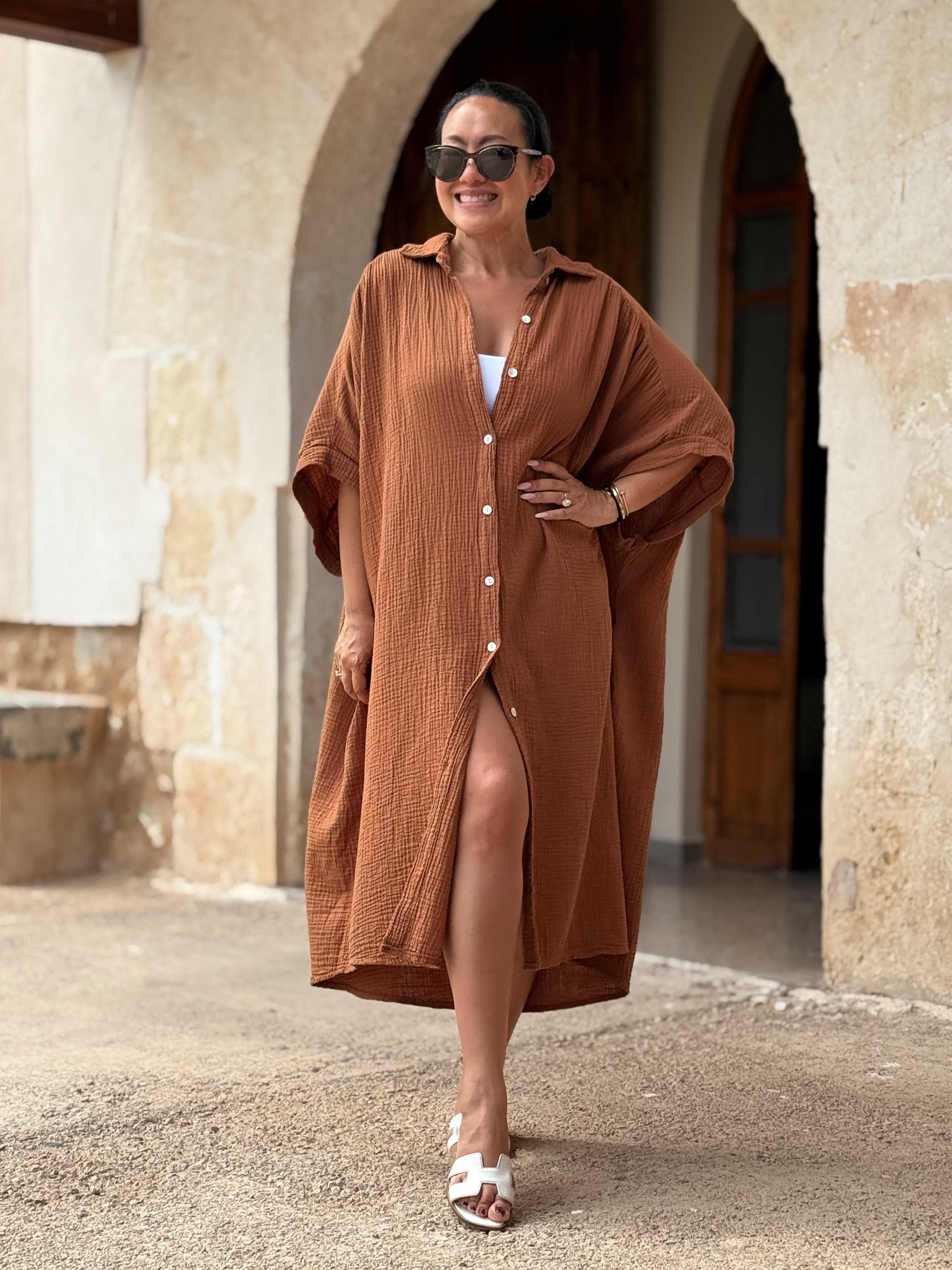 Musselin Oversize Kurzarm Blusenkleid - LANA - Cinnamon