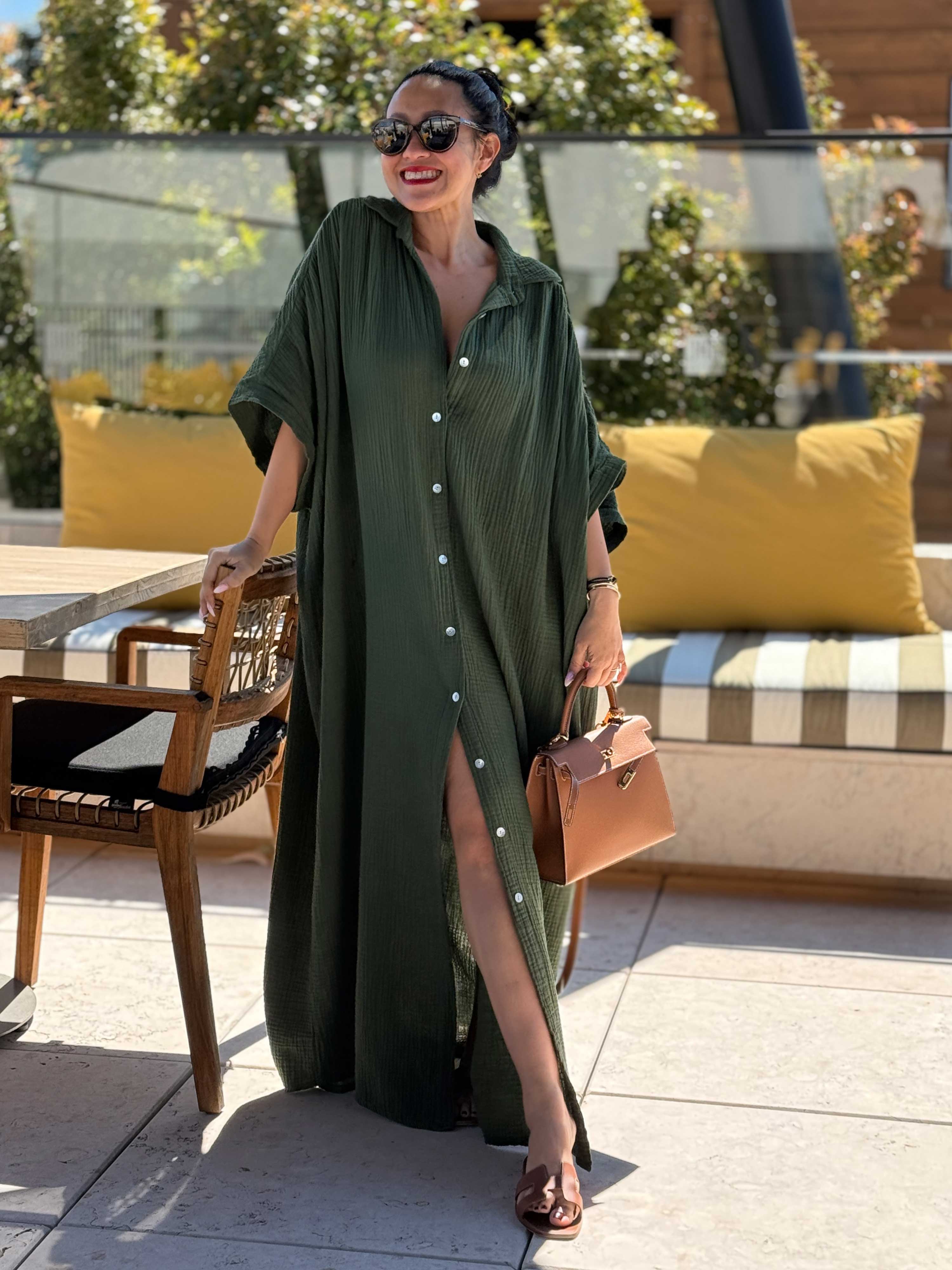 Musselin Oversize Kurzarm Blusenkleid - CAPRI - Olive